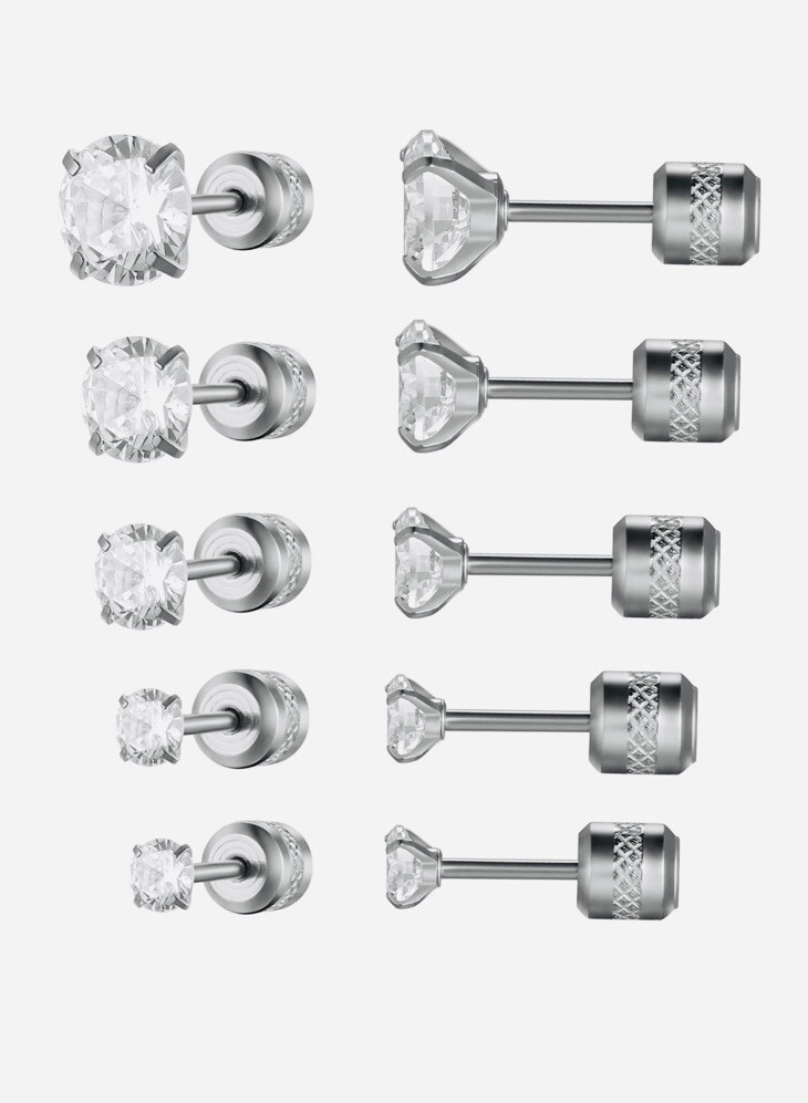 2PCS Silver Stainless Steel Round CZ Earrings Screw Back Ear Stud for Men Women