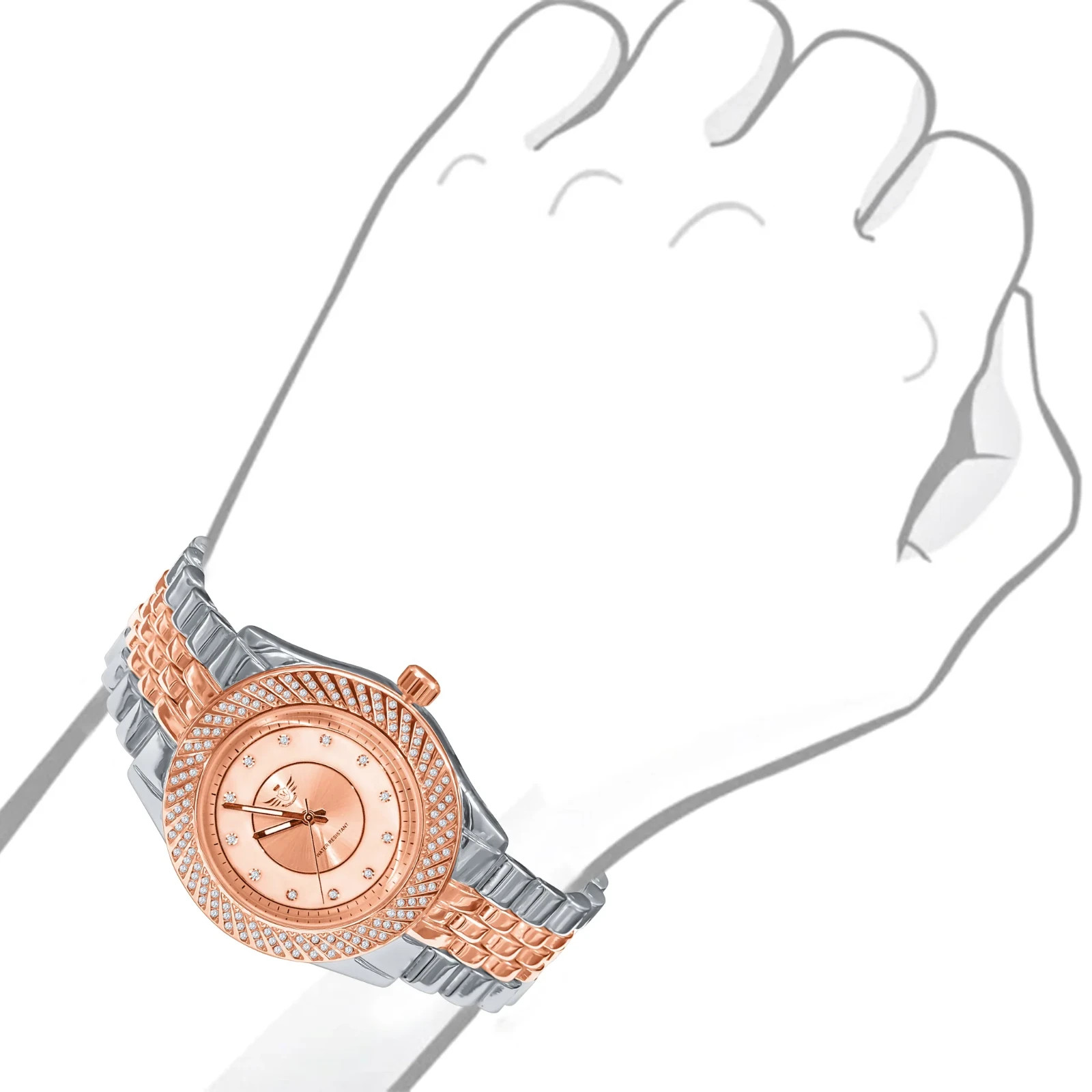 Mens Iced Out Watch Rose Gold Silver Two Tone Crystal Bezel Quartz 43mm