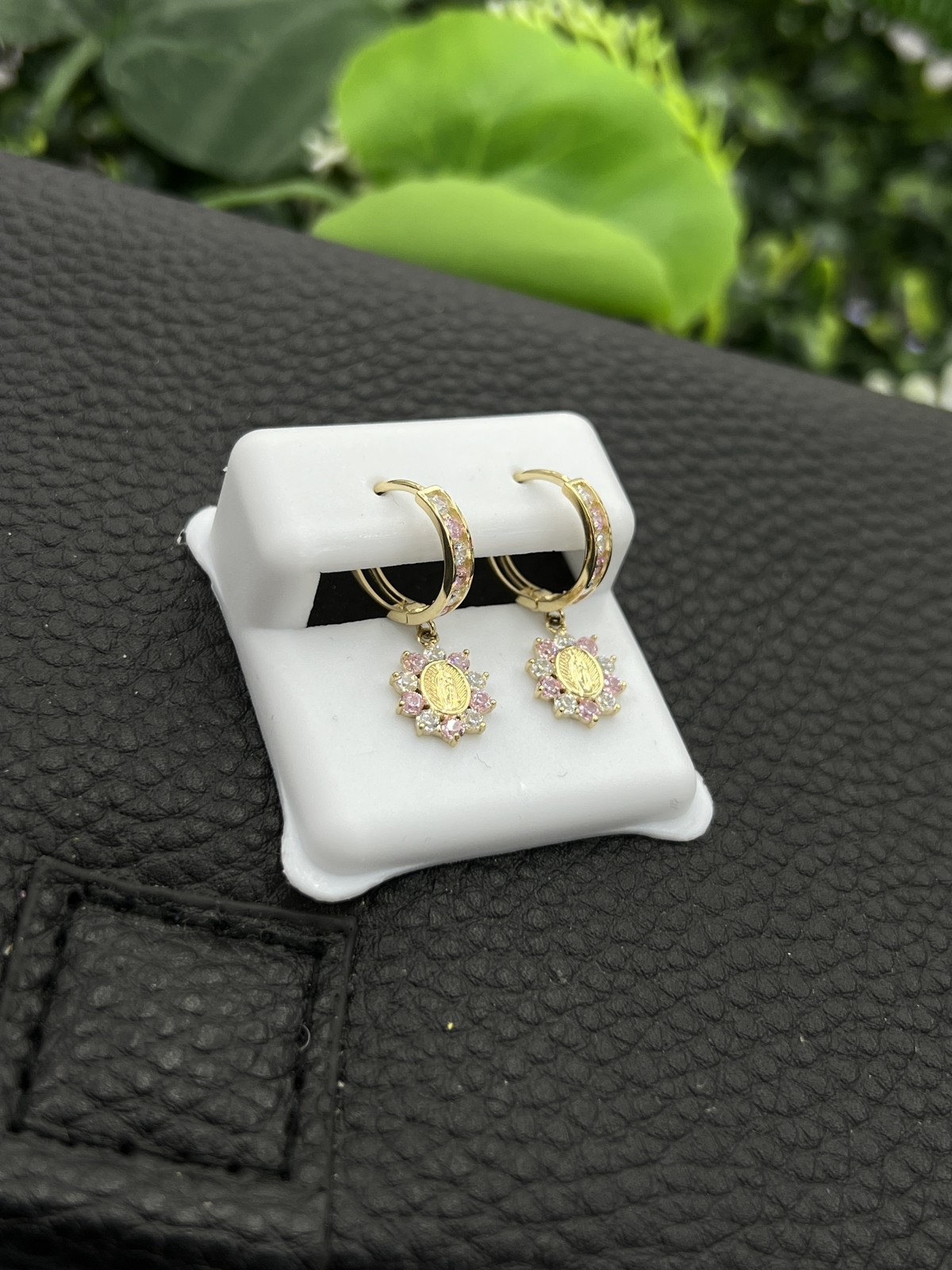14K Yellow Gold CZ Huggies Virgen de Guadalupe Earrings 24x12mm Elegant Gifts