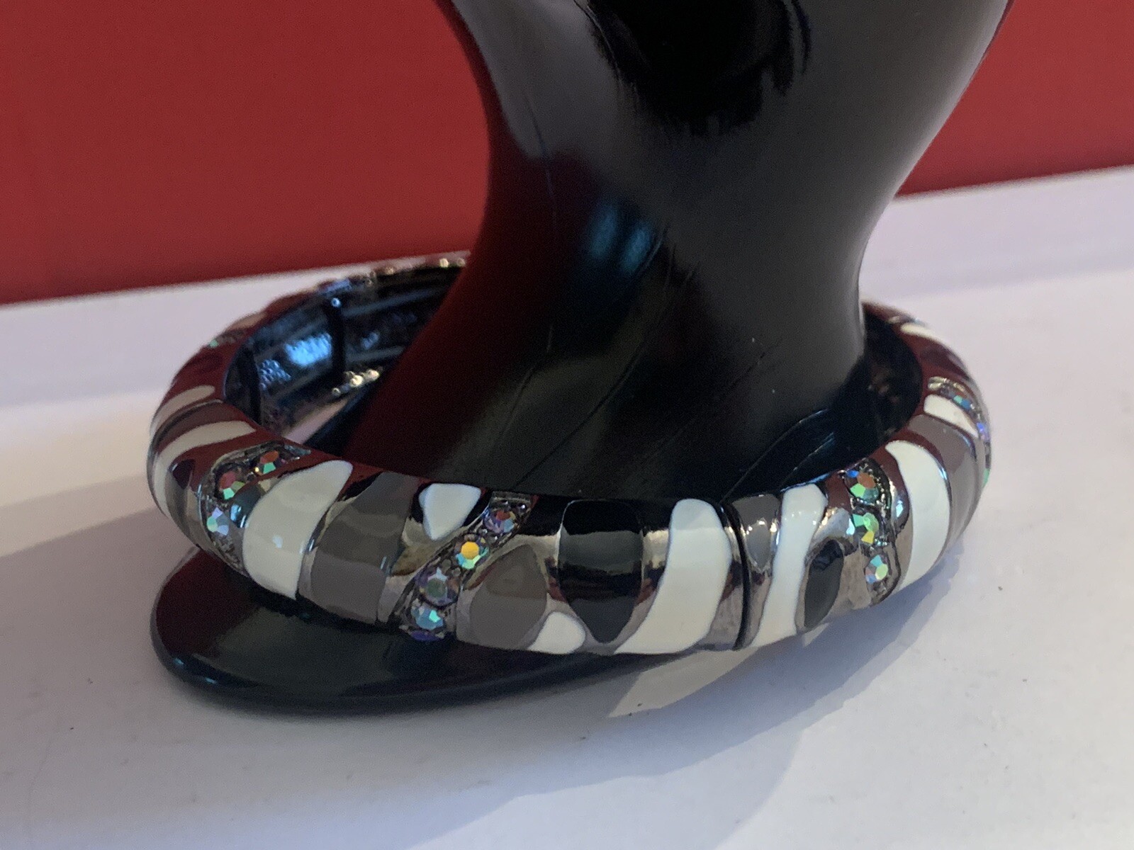 Joan Rivers Black/ Gray/ White Enamel Elastic Bracelet AB Crystals – BinT