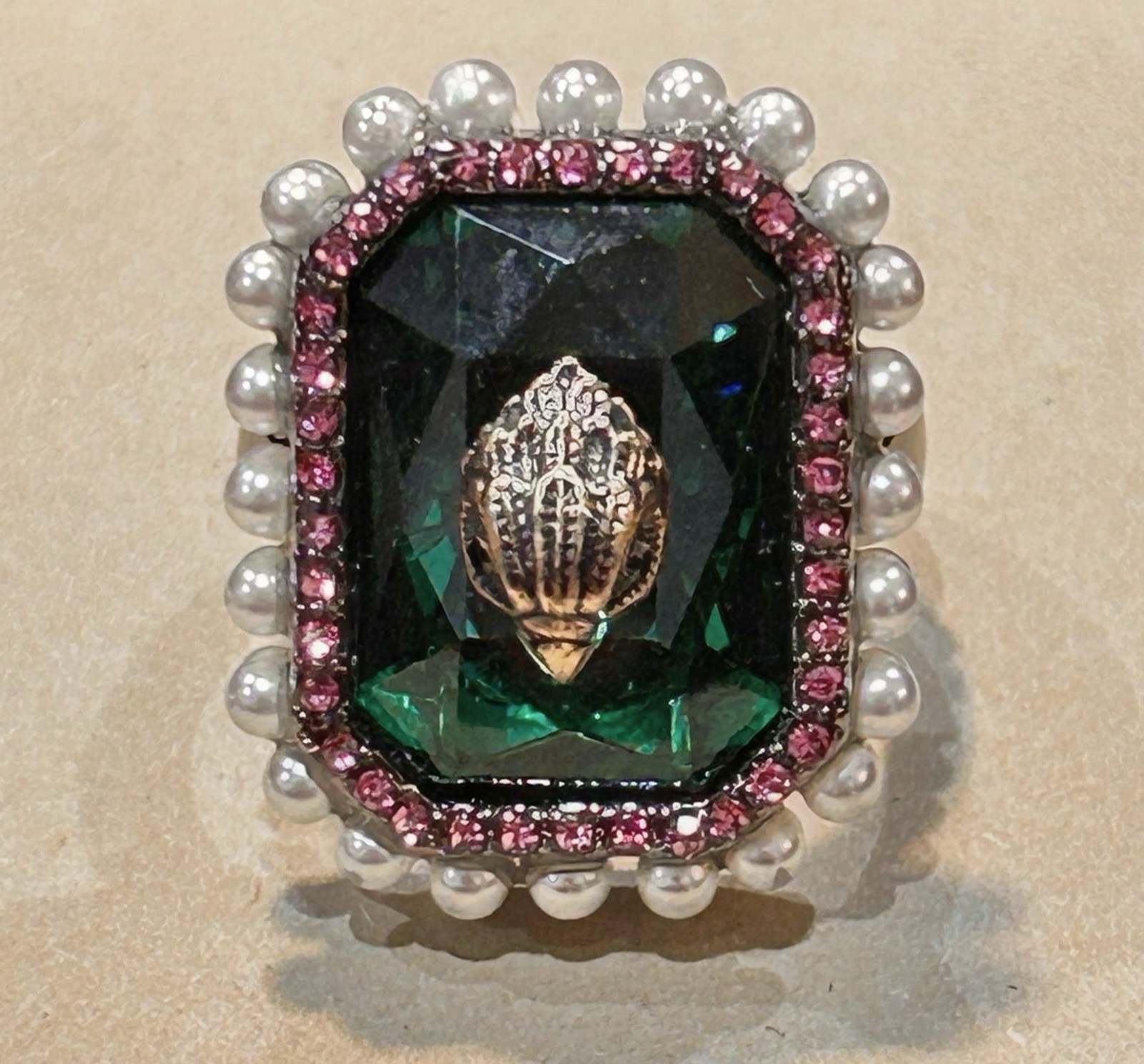 Kurt Geiger London Green Emerald-Cut Crystal Pearl Halo Cocktail Ring Size 8
