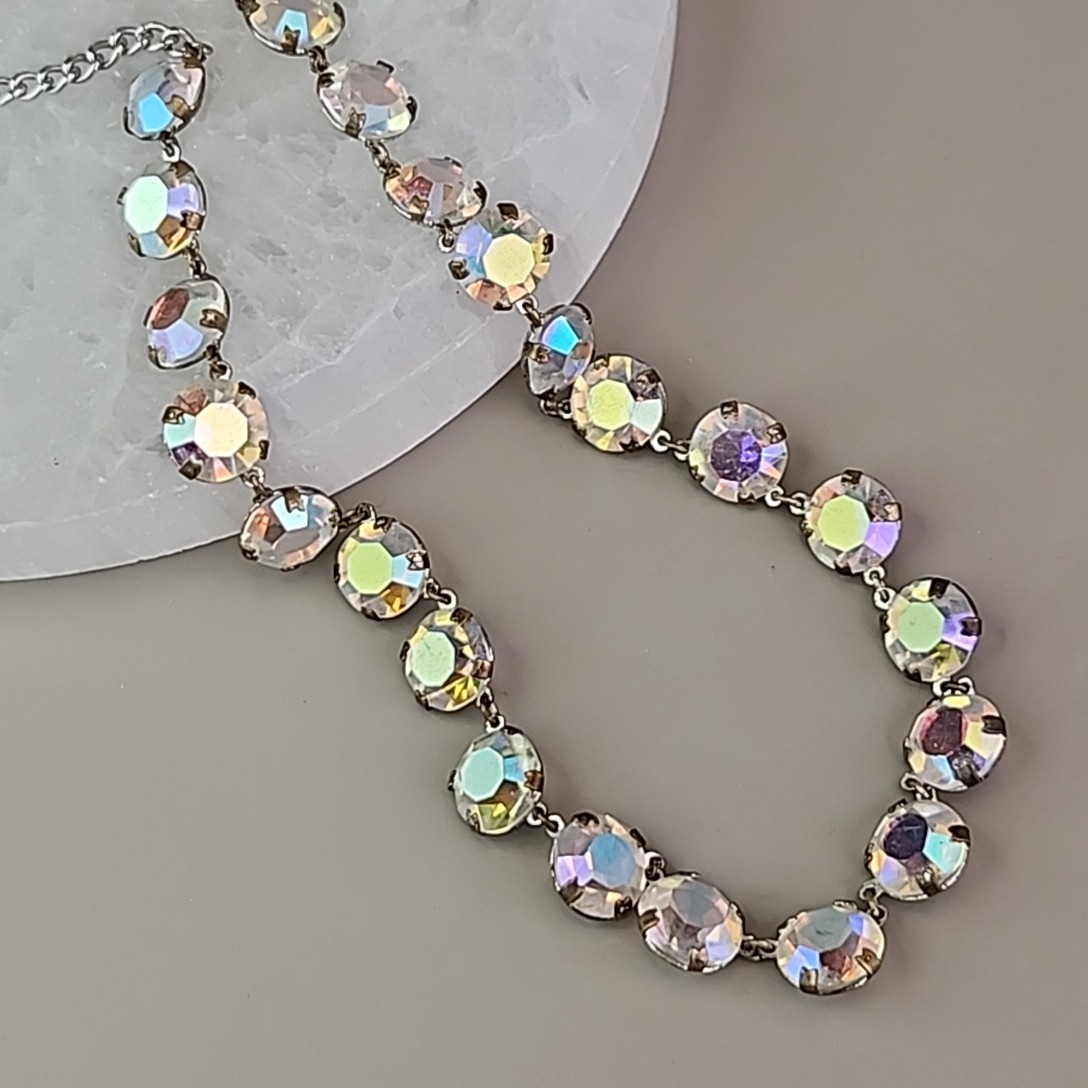 Vintage Open Bezel Necklace Aurora Borealis Round Linked Beads 17″
