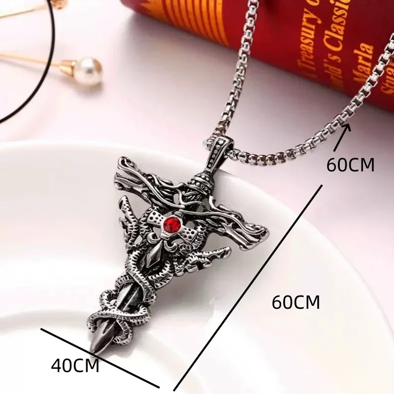 Punk Fashion Titanium Steel Necklace for Men Alloy Double Dragon Sword Pendant C