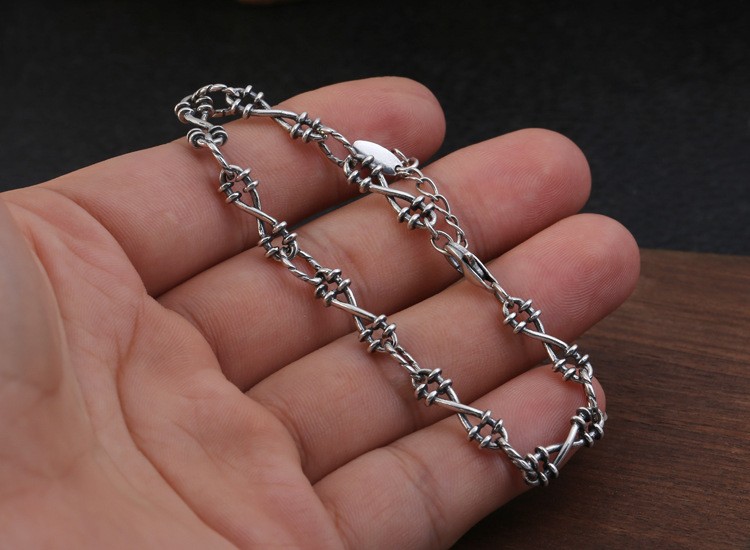 Solid 925 Silver Barbed Wire Style Bracelet Oxidized Thai Silver Punk Jewelry