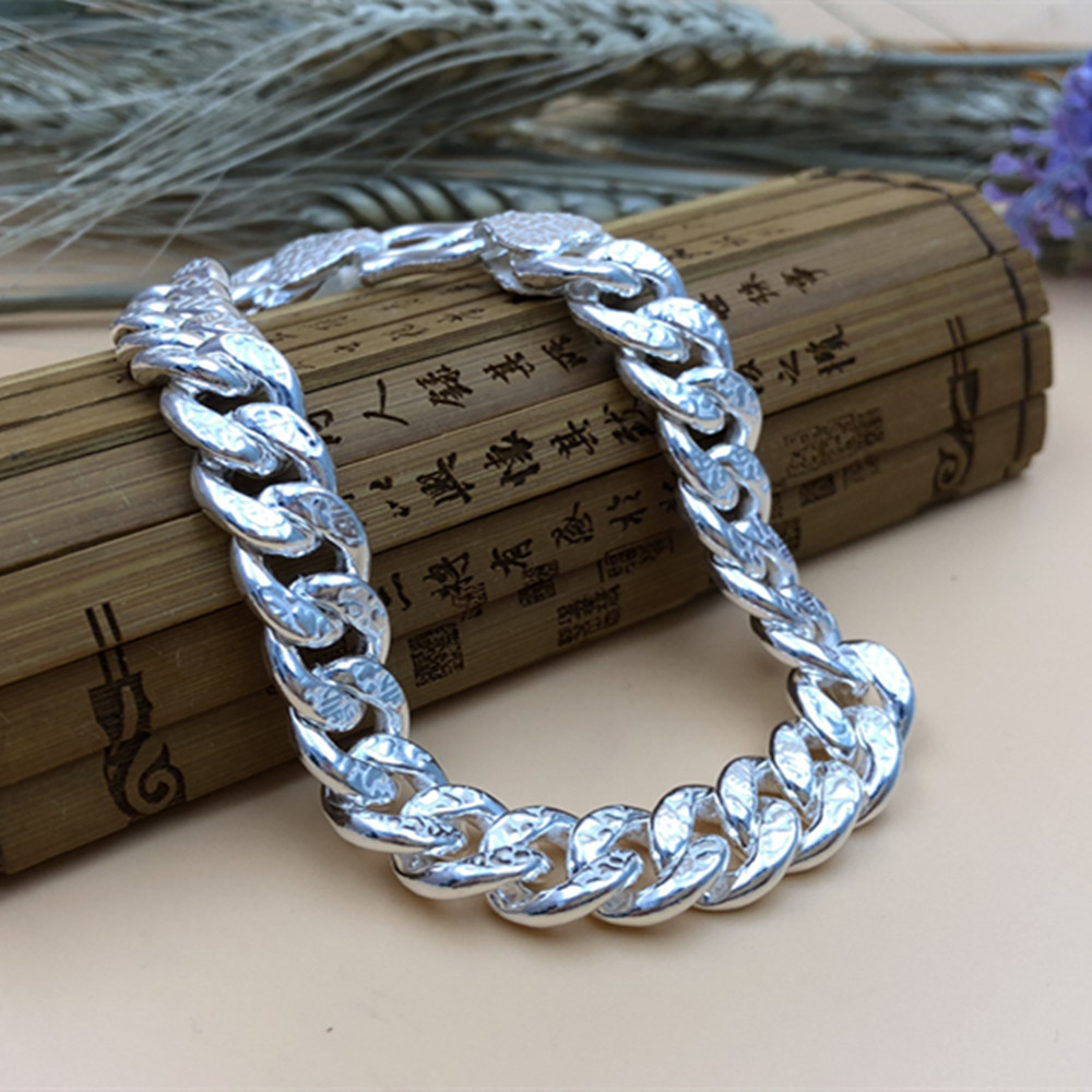 Fine Pure S999 Fine Silver Bracelet Women Men Engrave Curb Link 8mm-16mm