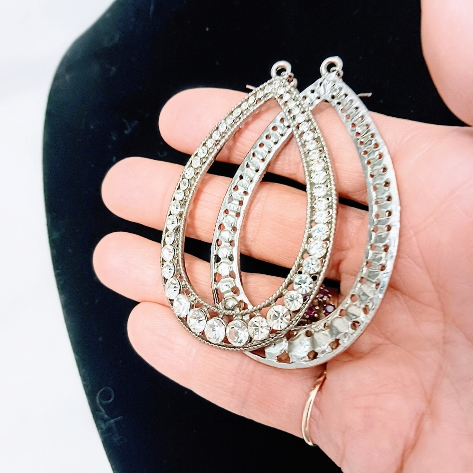 1970 Disco Era HUGE 3″ Hoop Rhinestone Earrings Teardrop Glam Barbiecore VINTAGE