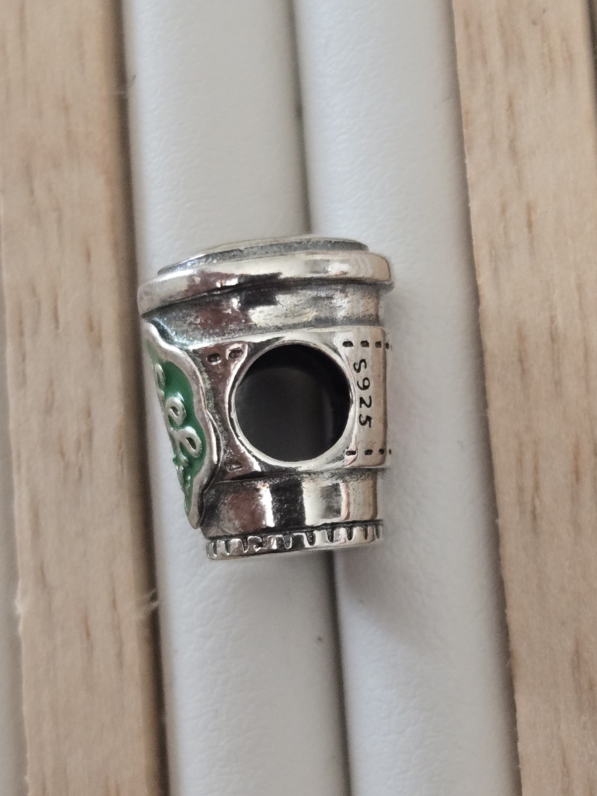 S925 Sterling Silver Coffee Cup Bead Green Enamel Heart Charm