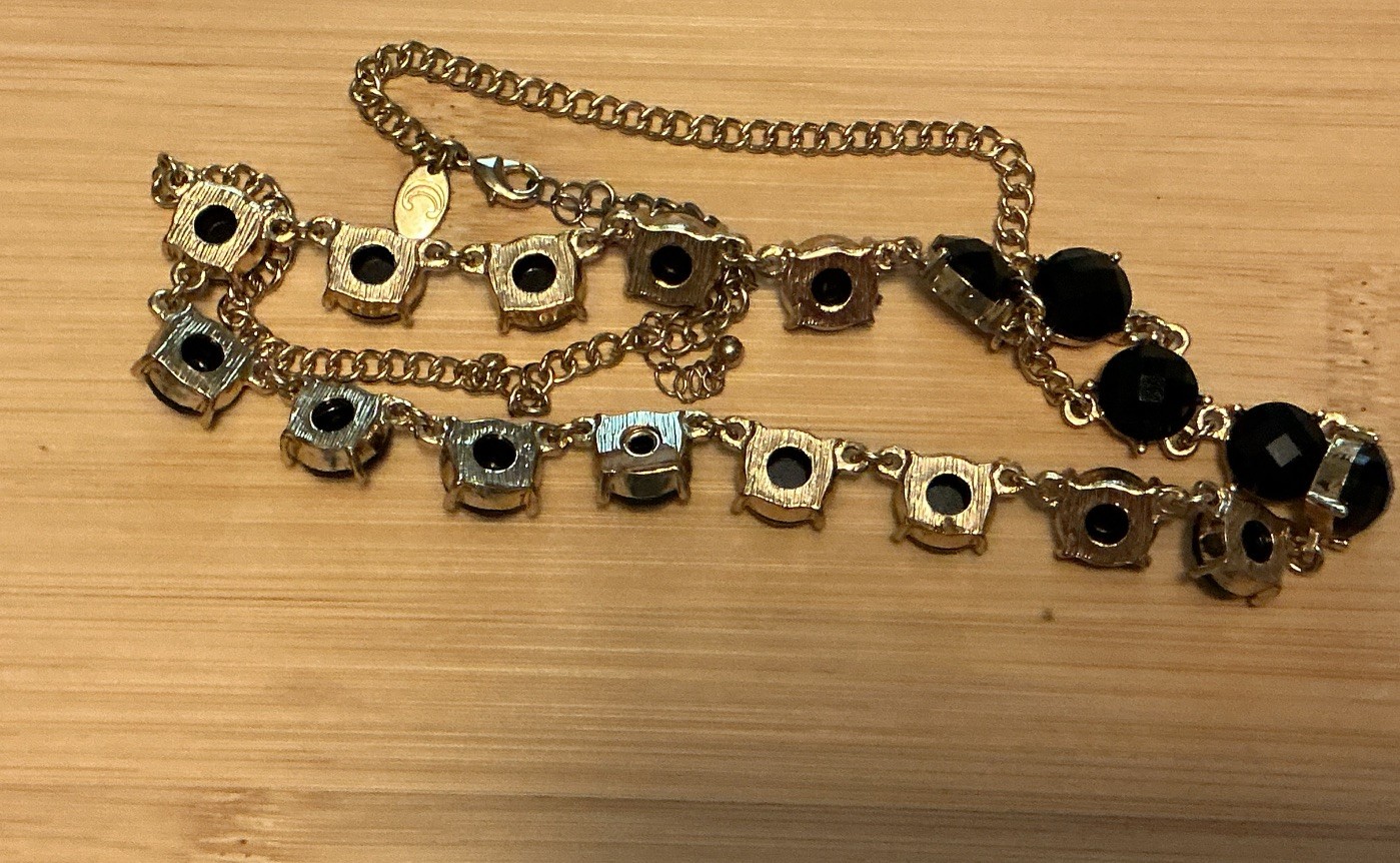 Gold Tone Cable Chain Necklace Black Round Crystal Stations Lobster Clasp