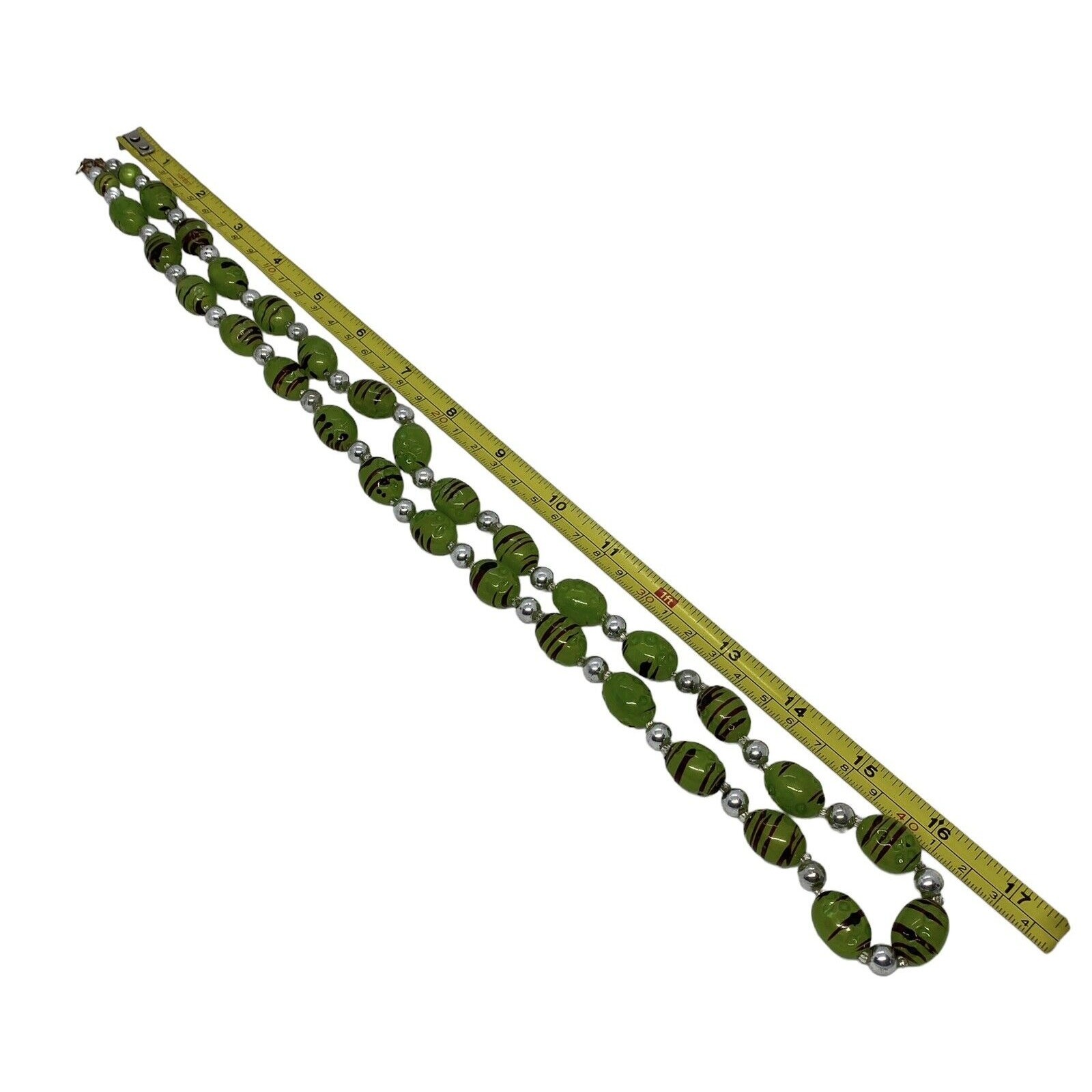 Fashion 33″ Strand String Necklace Green Black Silver Plastic Beads Swirl Design