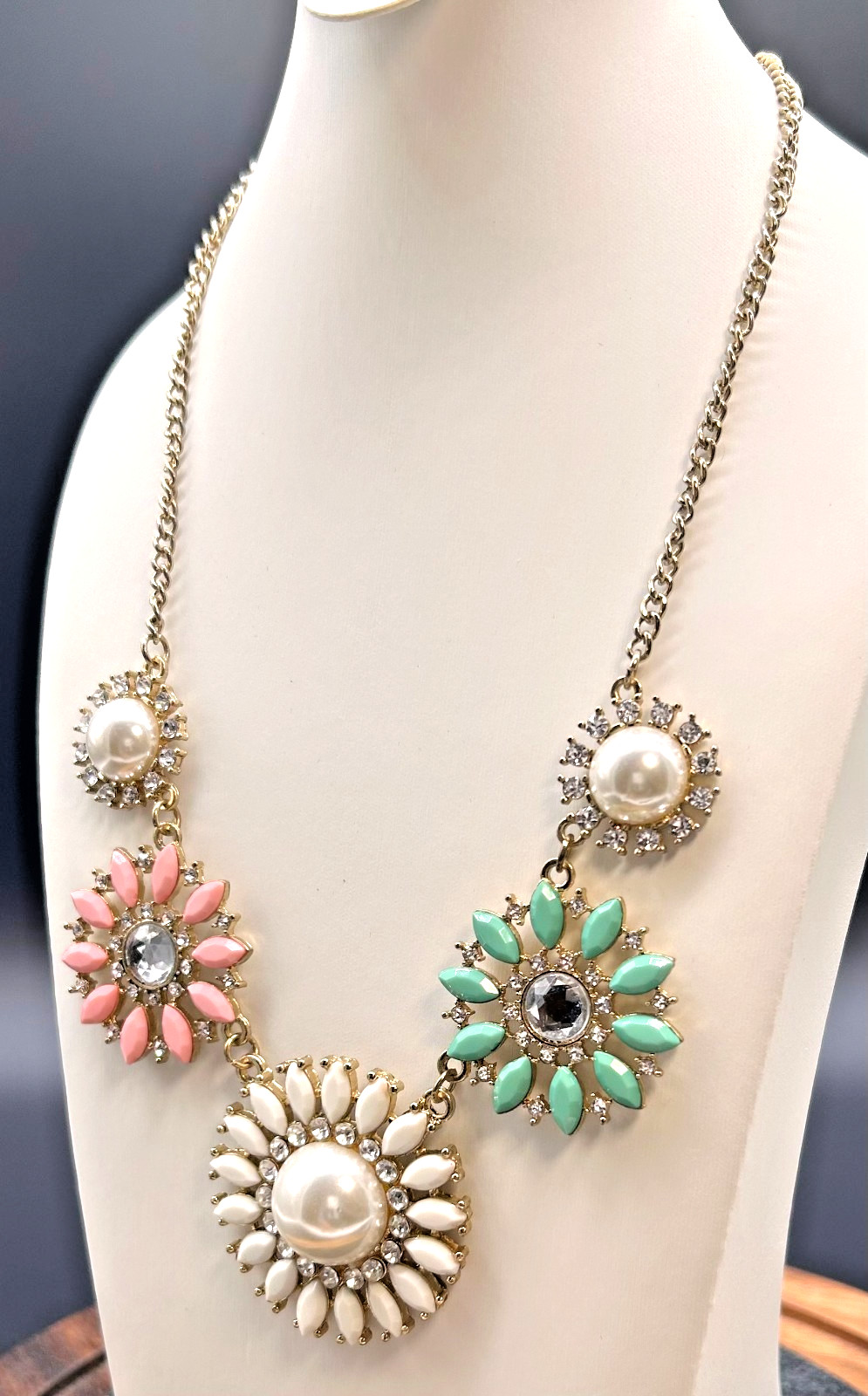 Bold Floral Bib Statement Necklace Pink Mint White Cream Pearl Rhinestones