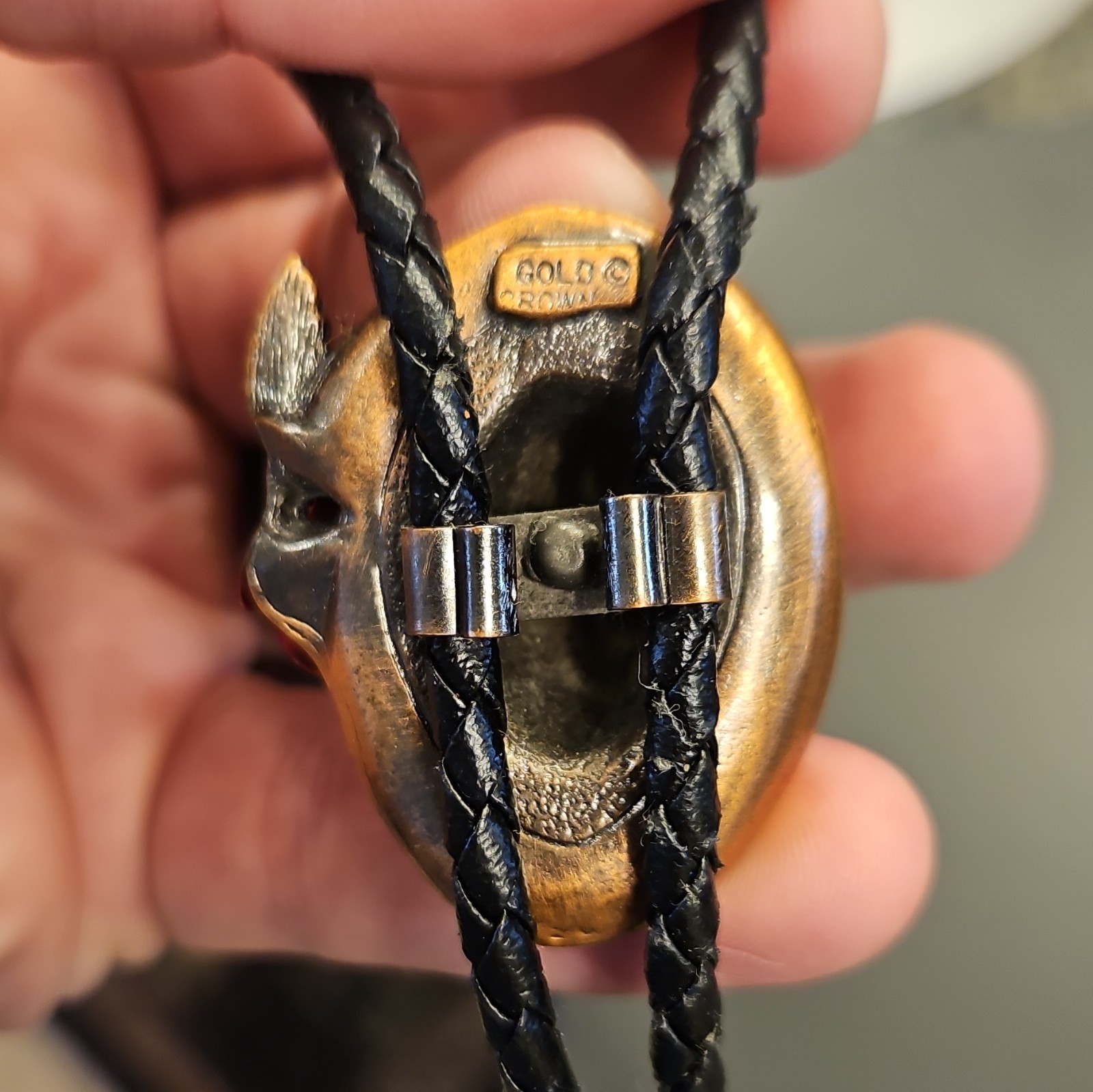 Boll & Rowe Men’s Western Bolo Tie Black Leather Cord Gold Tone Hat Slide