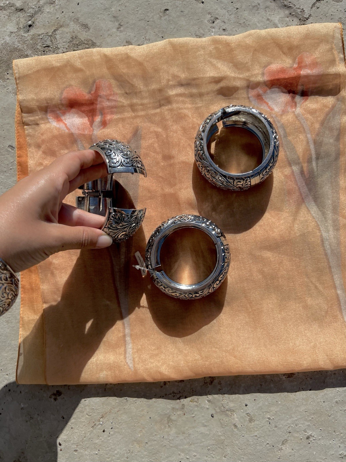 Vintage Ornate Engraved Silver-Tone Hinged Cuff/Bangle Bracelets