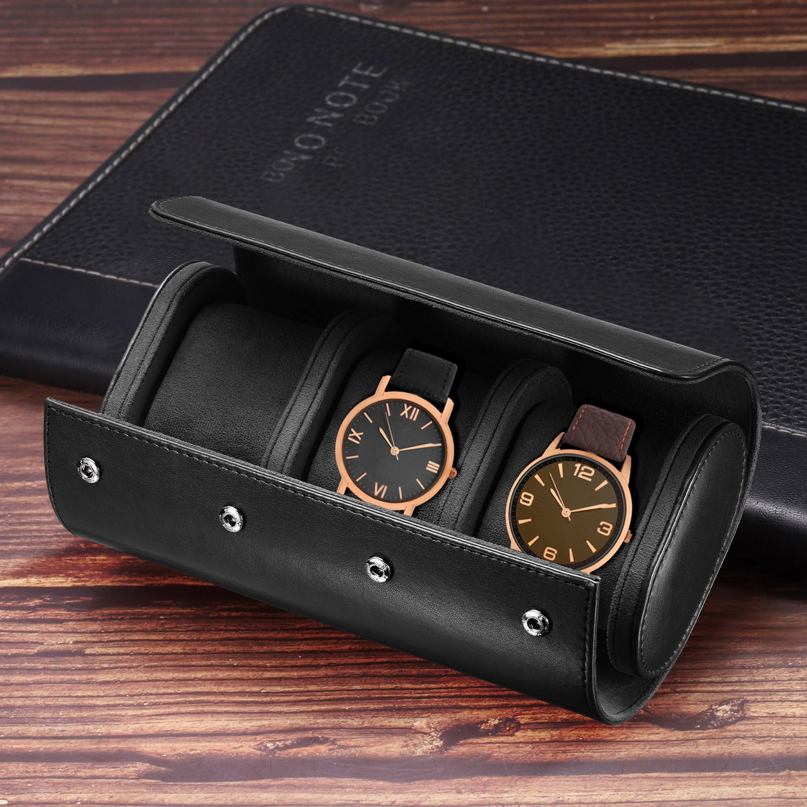 Leather Watch Travel Case for Men Women Watch Holding 3 Slot, Black