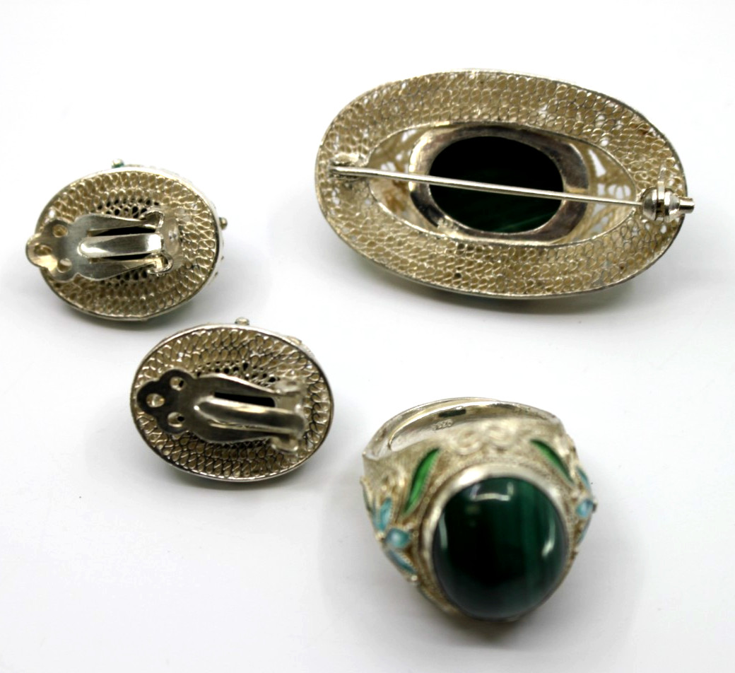 Vintage Chinese Export 925 Silver Enamel Malachite Brooch Earrings Ring Set