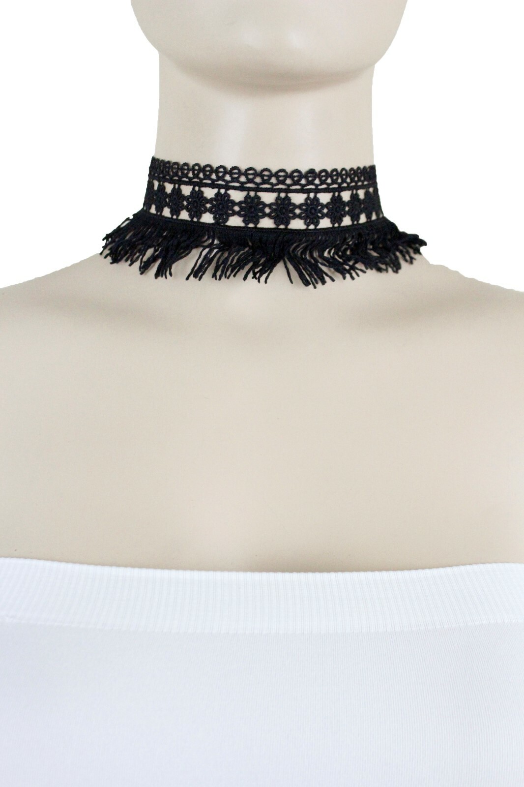 Women Young Fashion Choker Necklace Tassel Wide Black Lace Fabric Flower Fringes