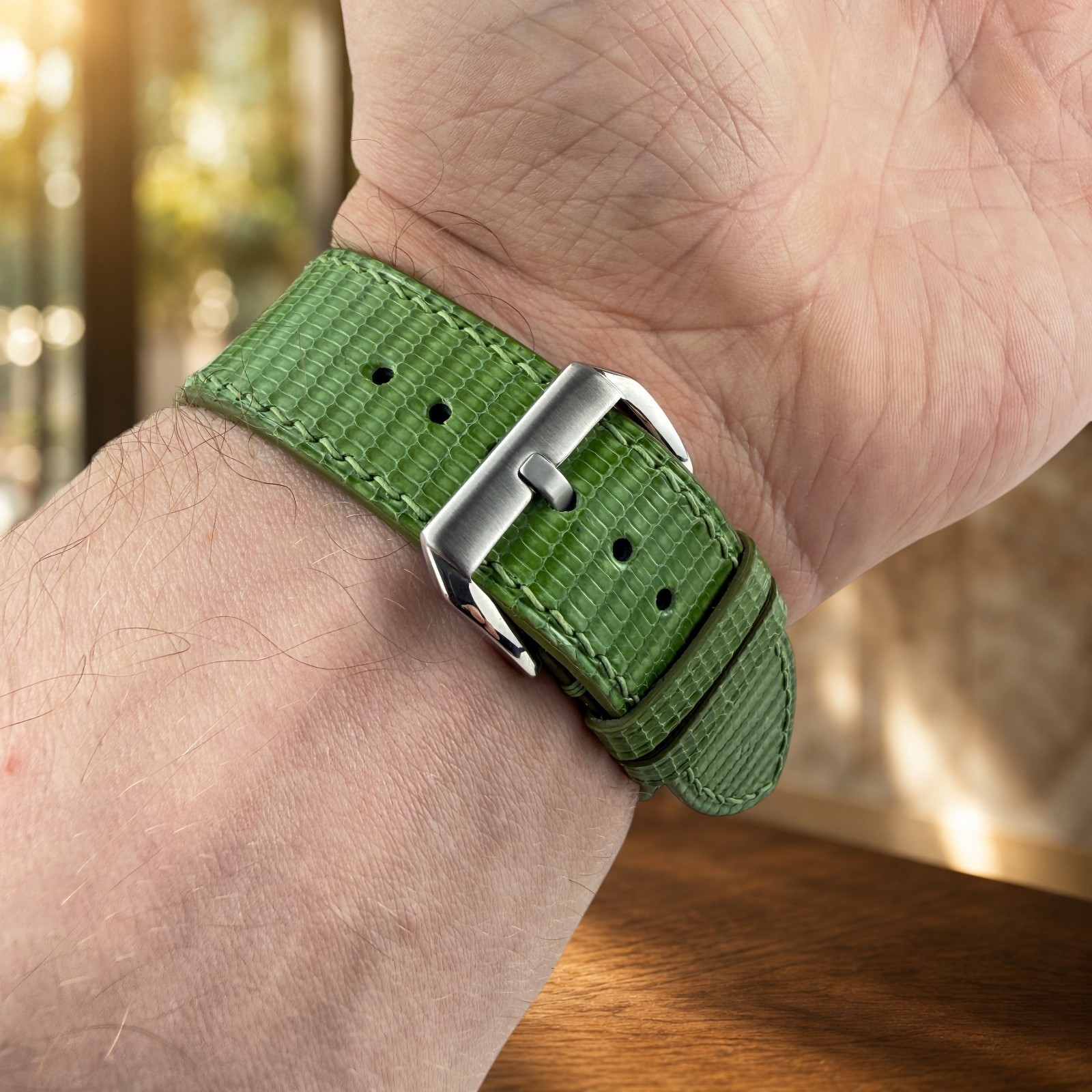 Genuine Lizard Leather Watch Band Strap 22 mm Green Handmade 316L Buckle