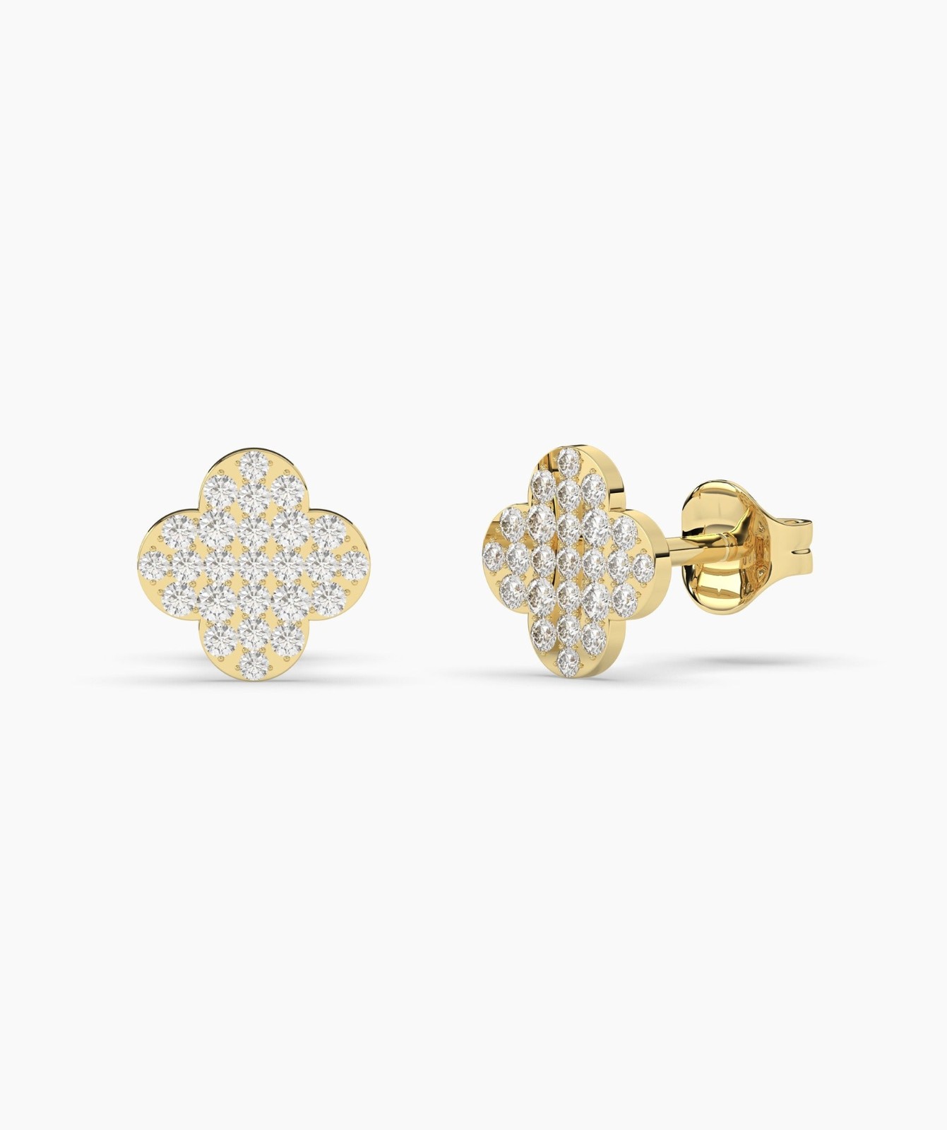 14K Solid Gold Round Cut Lab Grown Diamond Four Leaf Clover Pave Studs For Gift