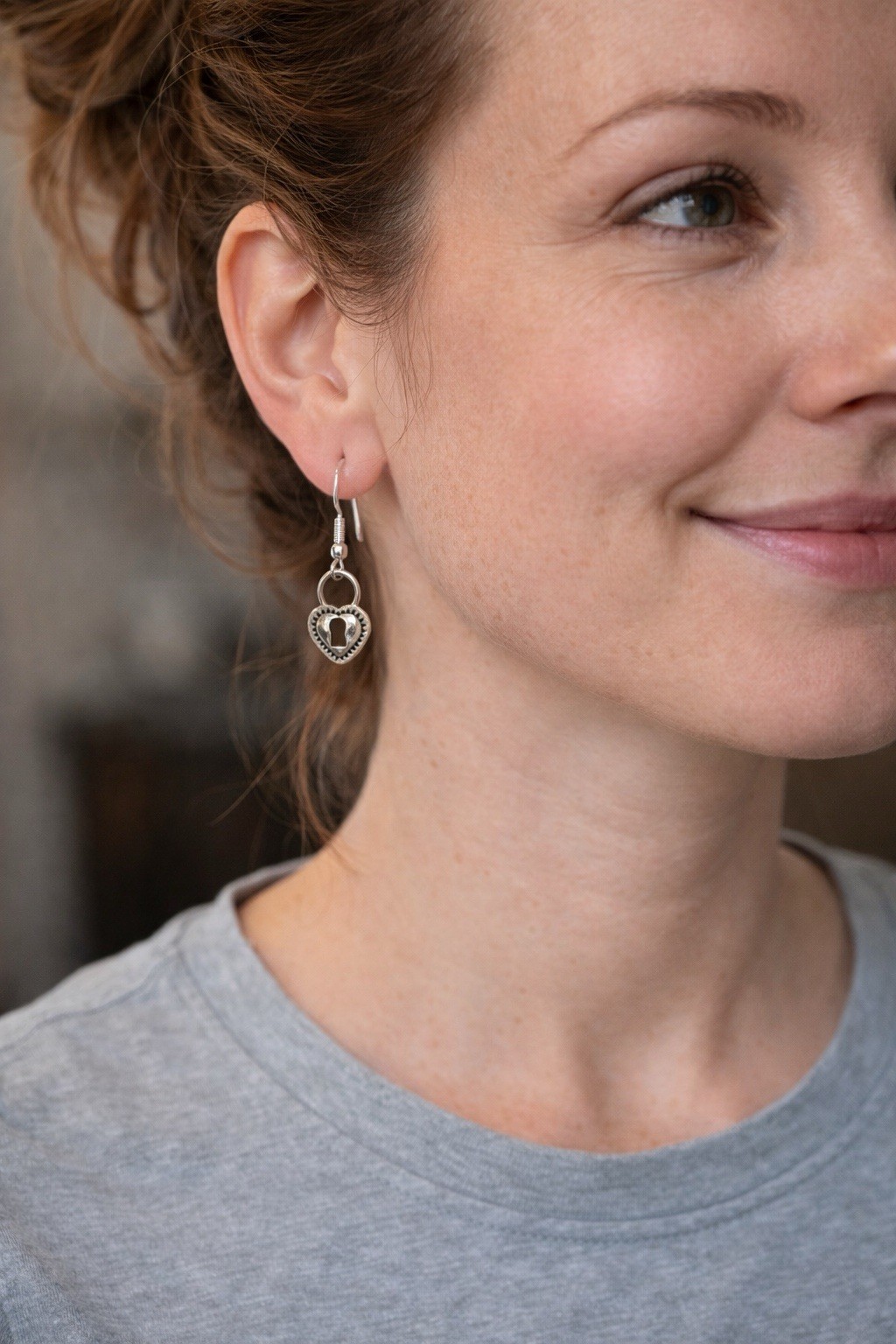 Silver Tone Heart Lock Dangle Earrings | Keyhole Heart Earrings | Valentines