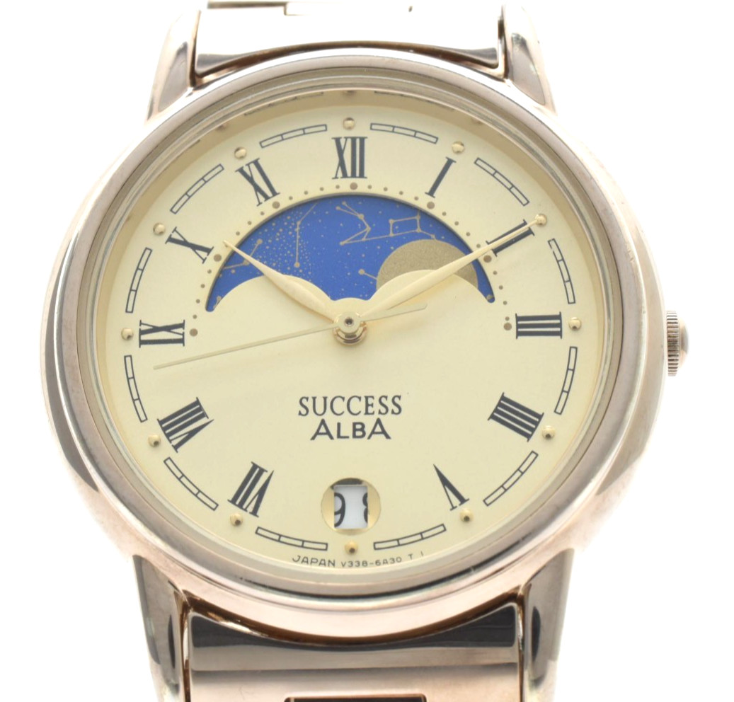 Vintage [Exc+5] Seiko Alba Success V338-6A20 Moon Phase Quartz Men’s Watch 32mm
