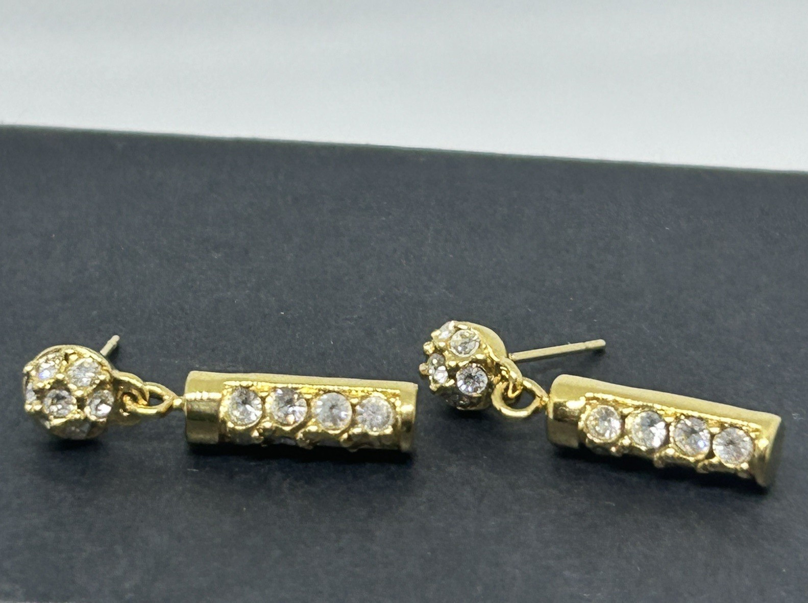 Swarovski Gold Tone Crystal Bar Drop Earrings Pavé Ball Stud Swan Logo
