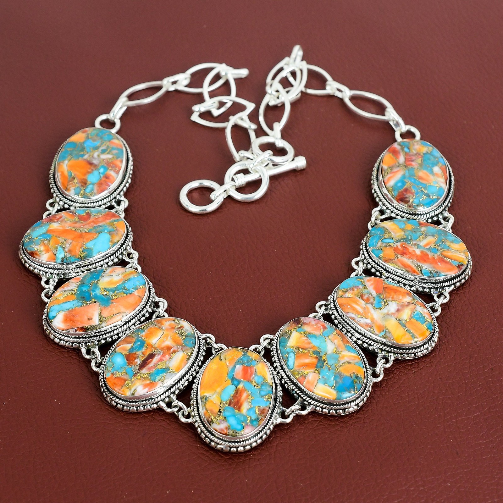 Spiny Oyster Copper Turquoise Vintage 925 Sterling Silver Adjustable Necklace