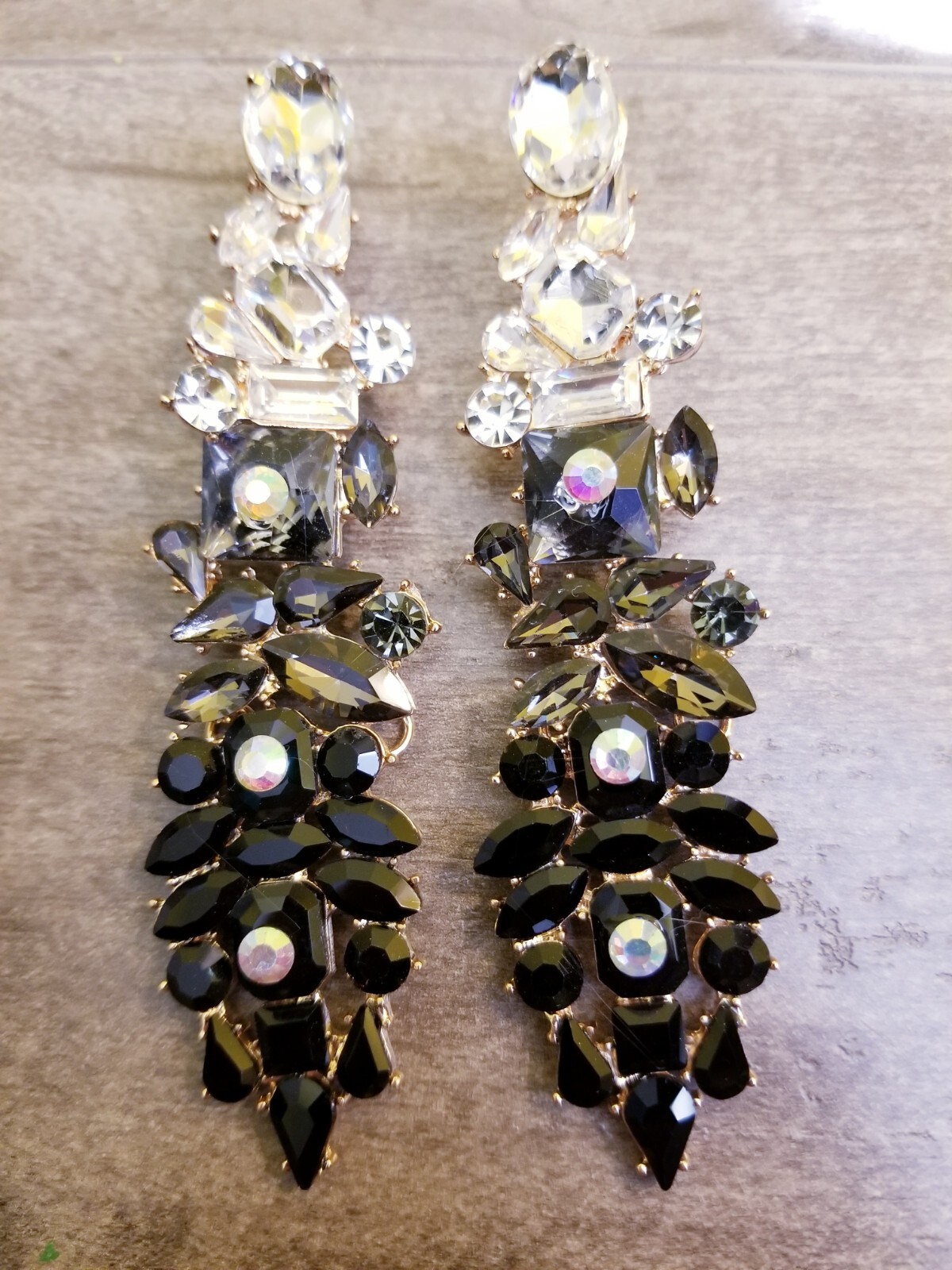 AB Black Drop Earrings, Bridesmaid Rhinestone Earrings, 4.2 Inch Pageant Jewelry