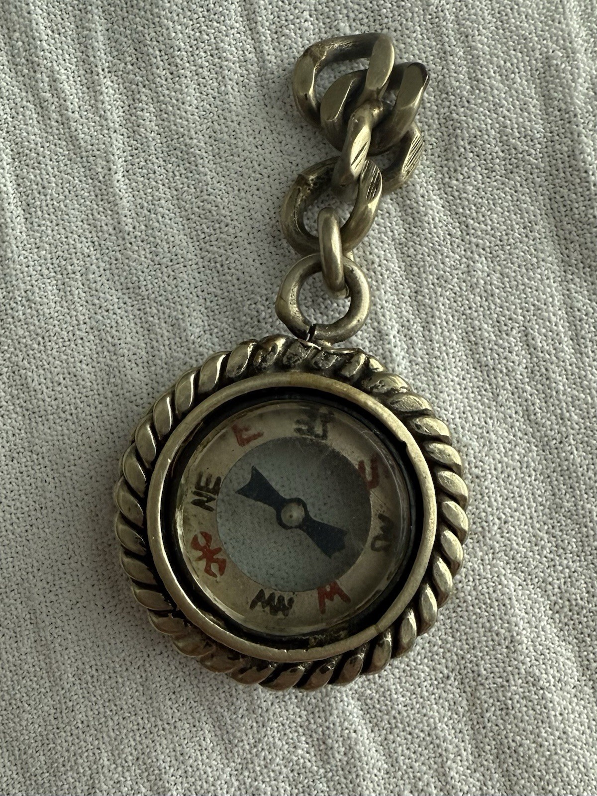 Antique Victorian Era Compass English Silver Over Brass Chain Fob Pendant