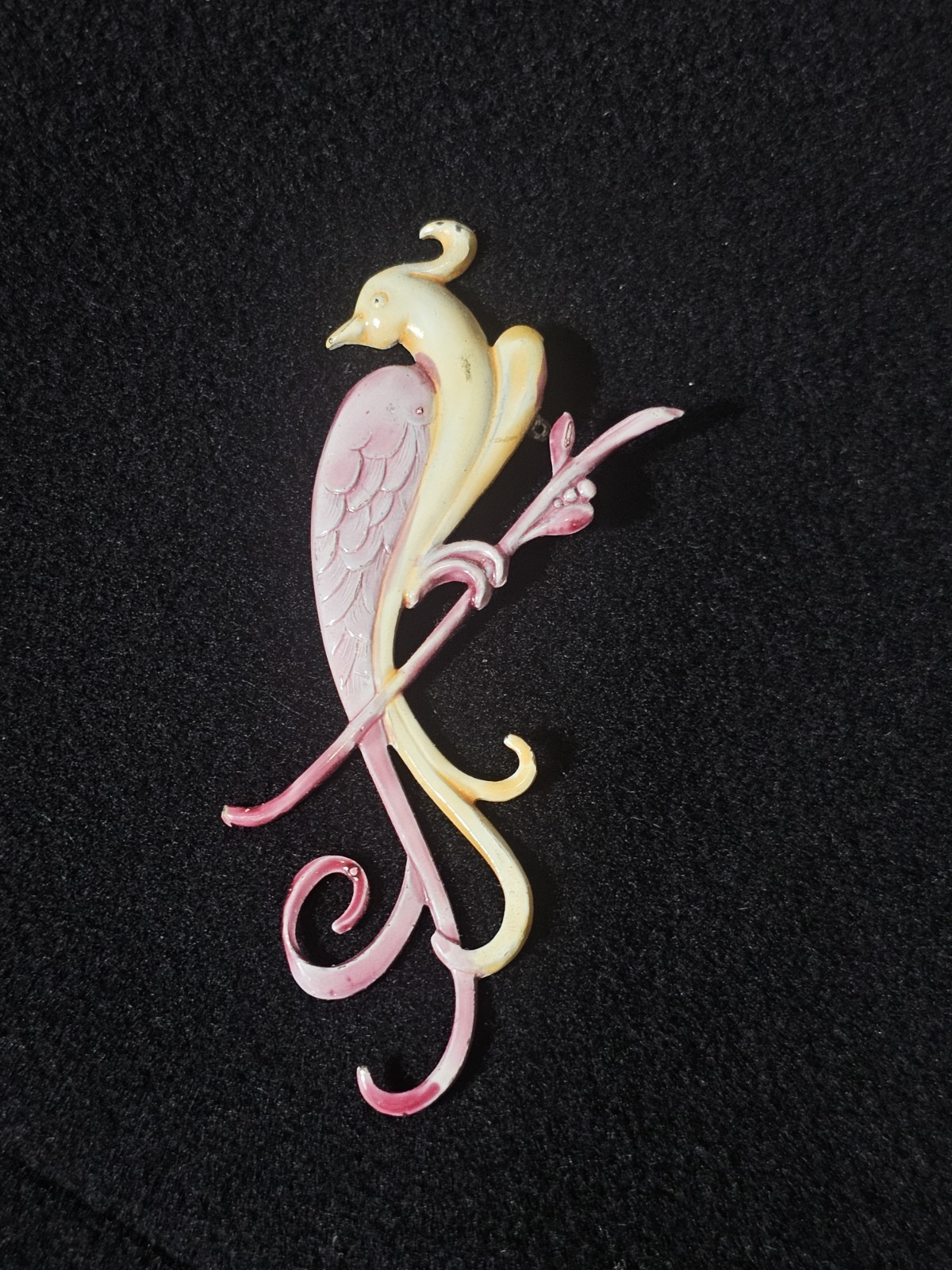 1940s Enamel Bird Brooch Large Vintage Bird Of Paradise Pot Metal Pink