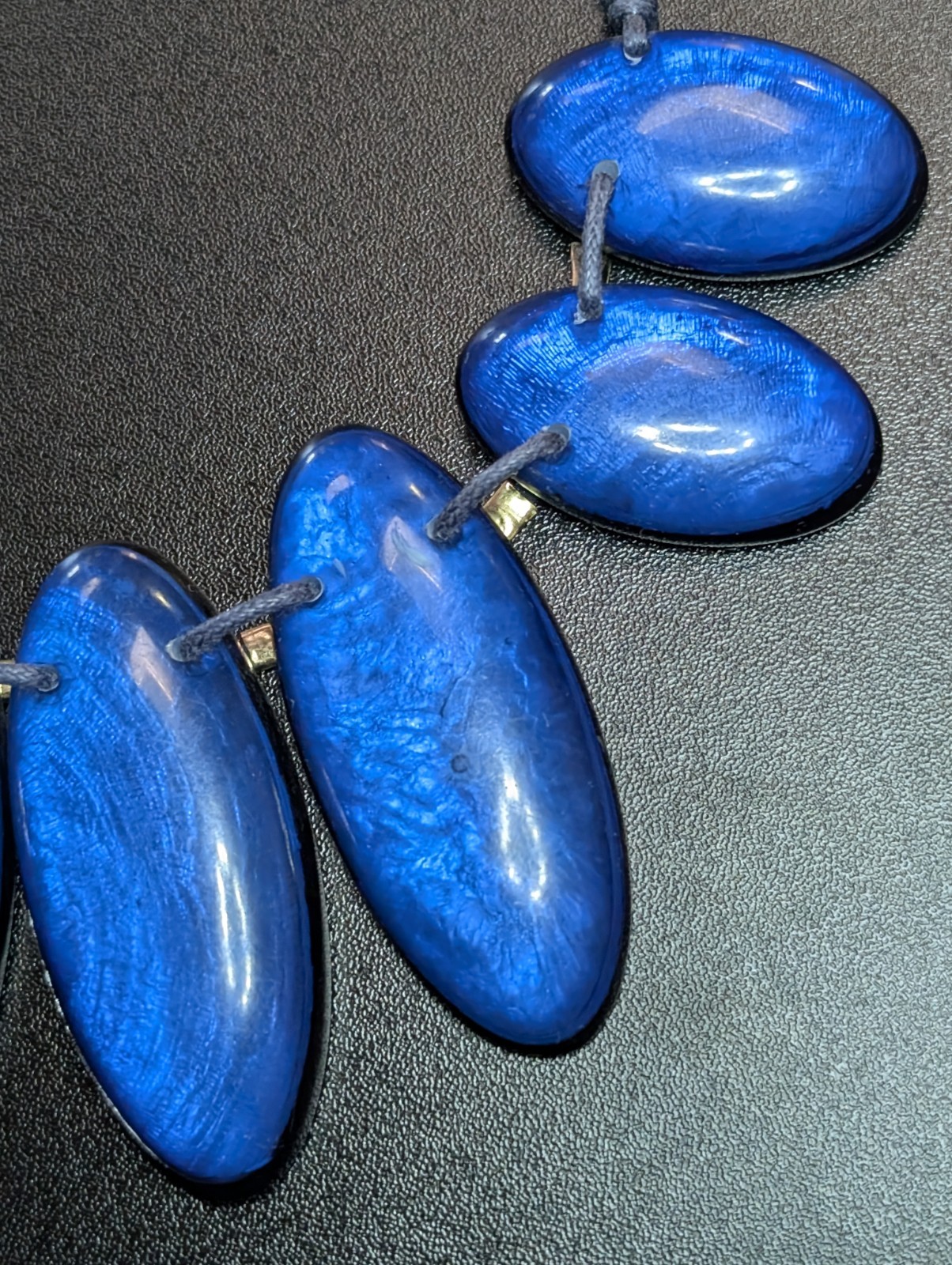 Bold Electric Blue Faux Foil Acrylic Slab Bib Necklace Blue Cord Gold Accent