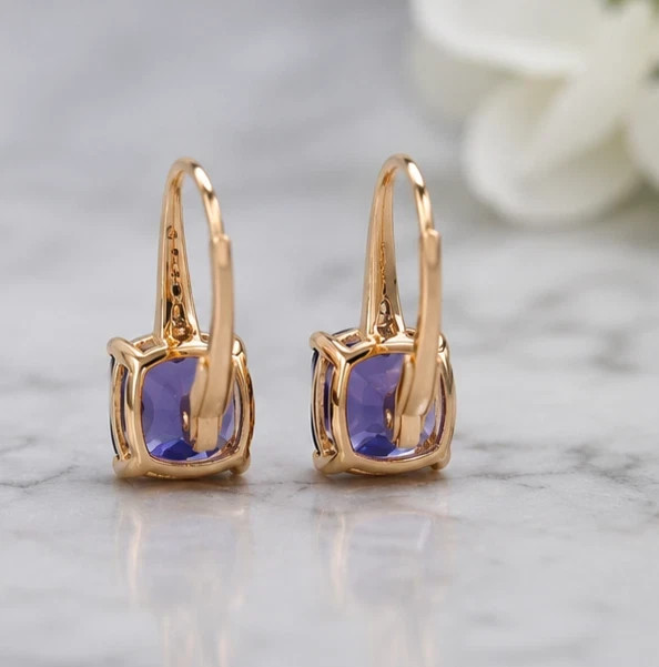 Cushion Cut Lab Created Tanzanite Women’s Hoop Earring in 14k Yellow Gold Plated