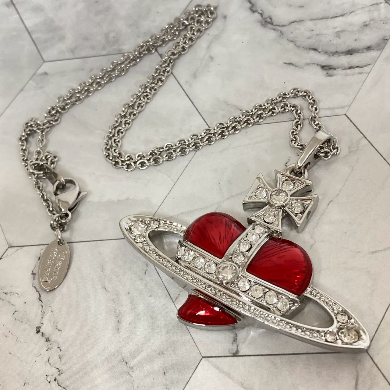 Vivienne Westwood Necklace Diamante Heart Orb Large Silver Red w/Pouch NO BOX