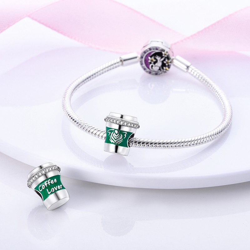 MULA European 925 Sterling Silver Coffee Cup DIY Charm Pink CZ Fit Lady Bracelet