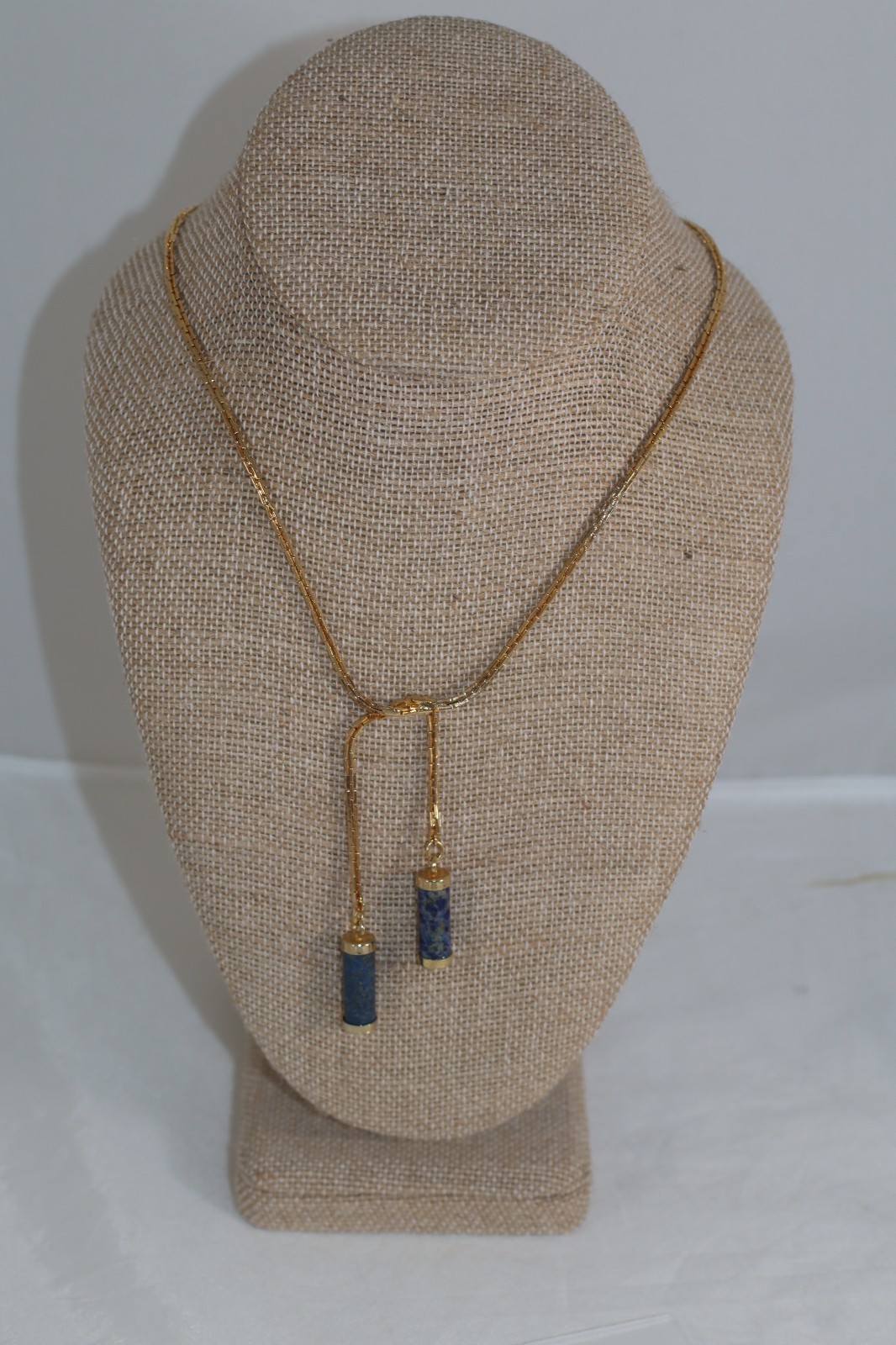 Vintage Hobé Gold Tone Lariat Sautoir Necklace Genuine Sodalite Stone Tassel