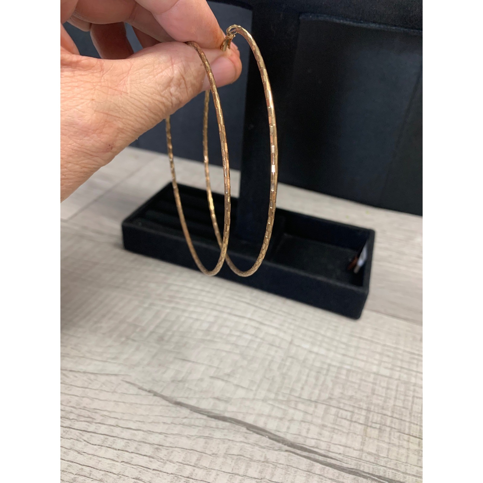 Gold Tone Textured Oversized Hoop Earrings 3.75 Inch Diameter Latch Back 3211