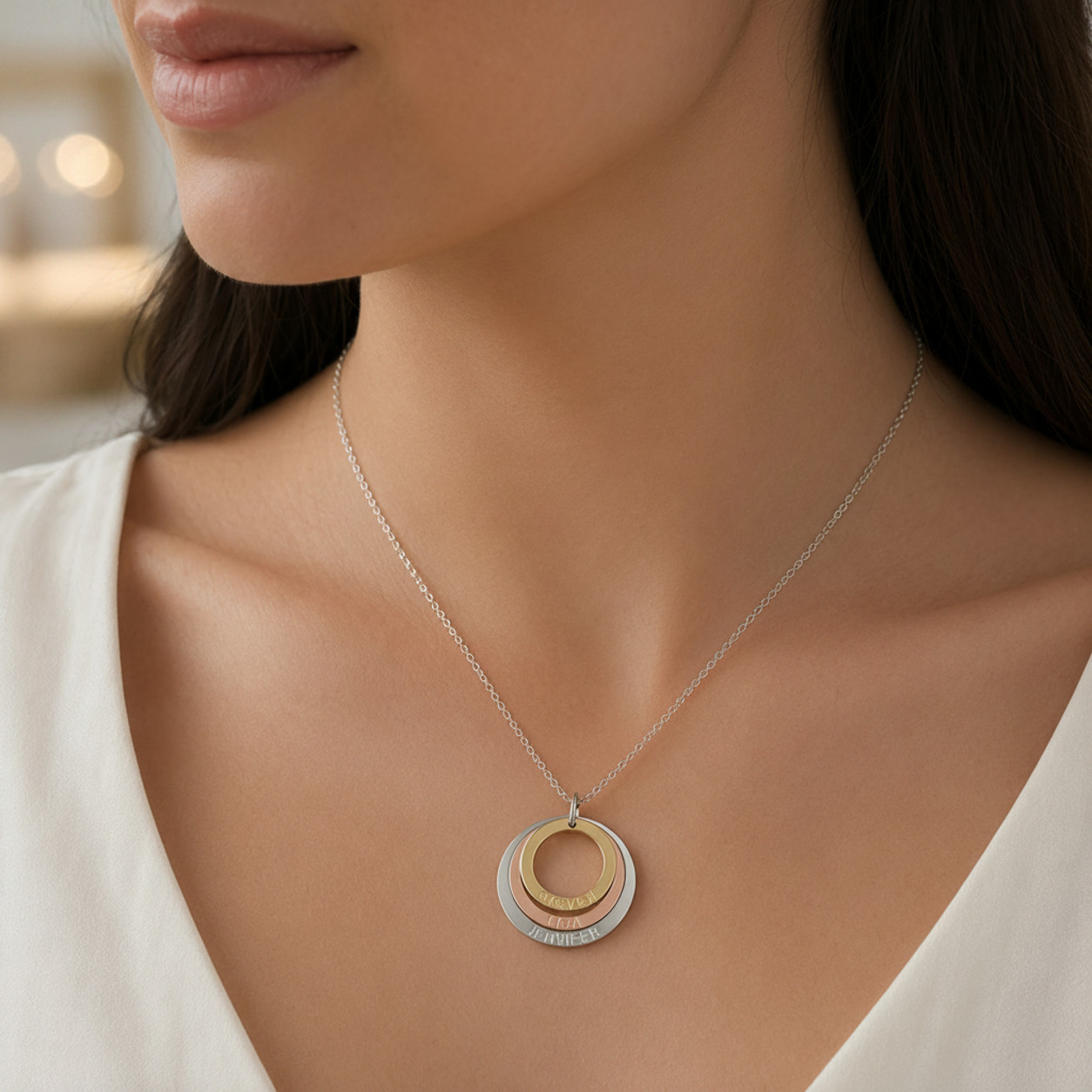 Three Tone Ring Engraved Mother Necklace personalized custom gift handmade