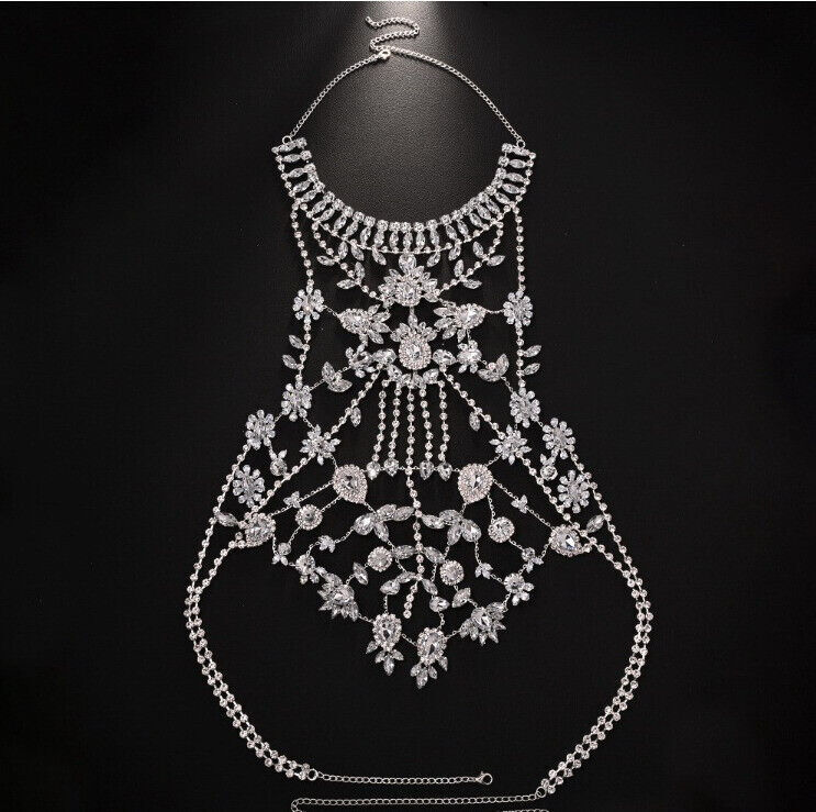 Hot Women Chest Rhinestone Necklace Vest Floral Droplet Luxury Body Chain Party