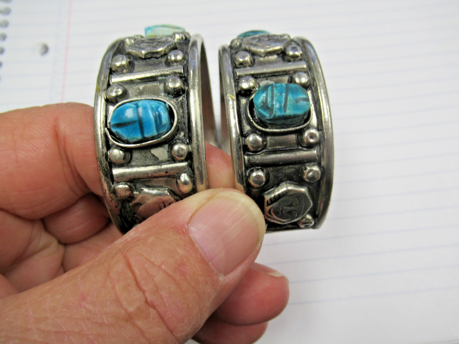 2 Vintage Made Egypt Egyptian Faience 3 Scarab Costume Jewelry Cuff Bracelets