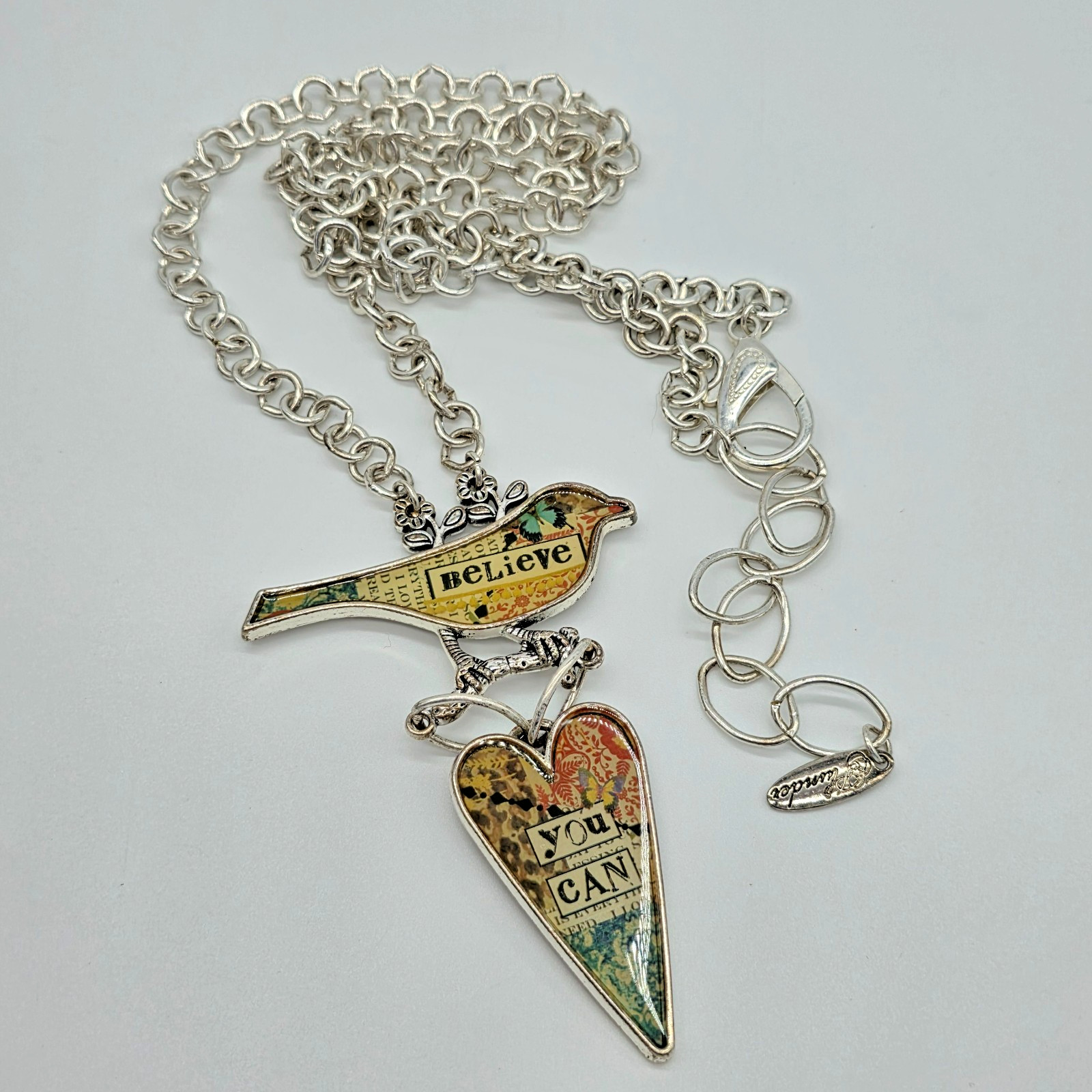 Plunder BELIEVE YOU CAN Silver Bird & Heart Pendant Mixed Media Necklace 30”