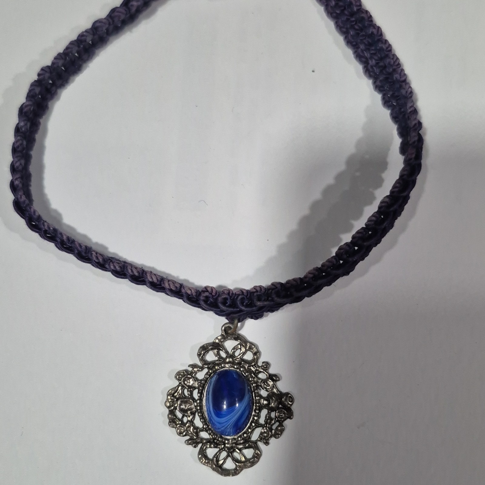 Purple Cord Choker Necklace Silver-Tone Filigree Blue Oval Glass Pendant 16 in