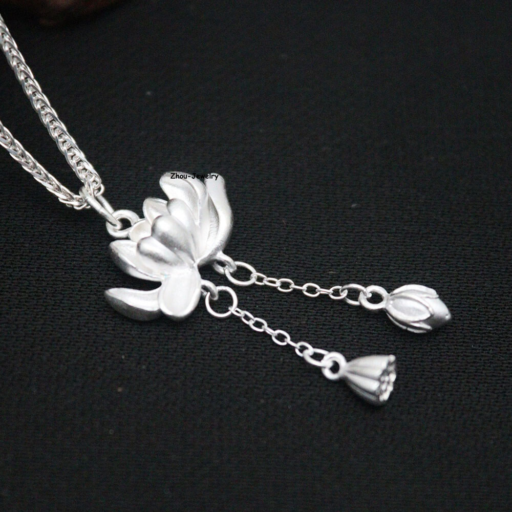 Pure S999 Sterling Silver Pendant Women Lotus Tassels Pendant 3-4g 37*18mm