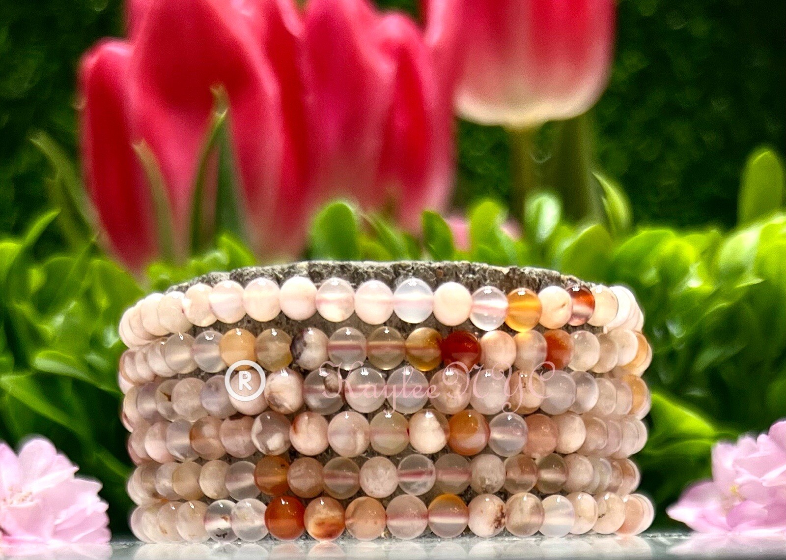 Wholesale Lot 6 Pcs Natural Flower Agate 4mm 7.5” Crystal Stretch Bracelet