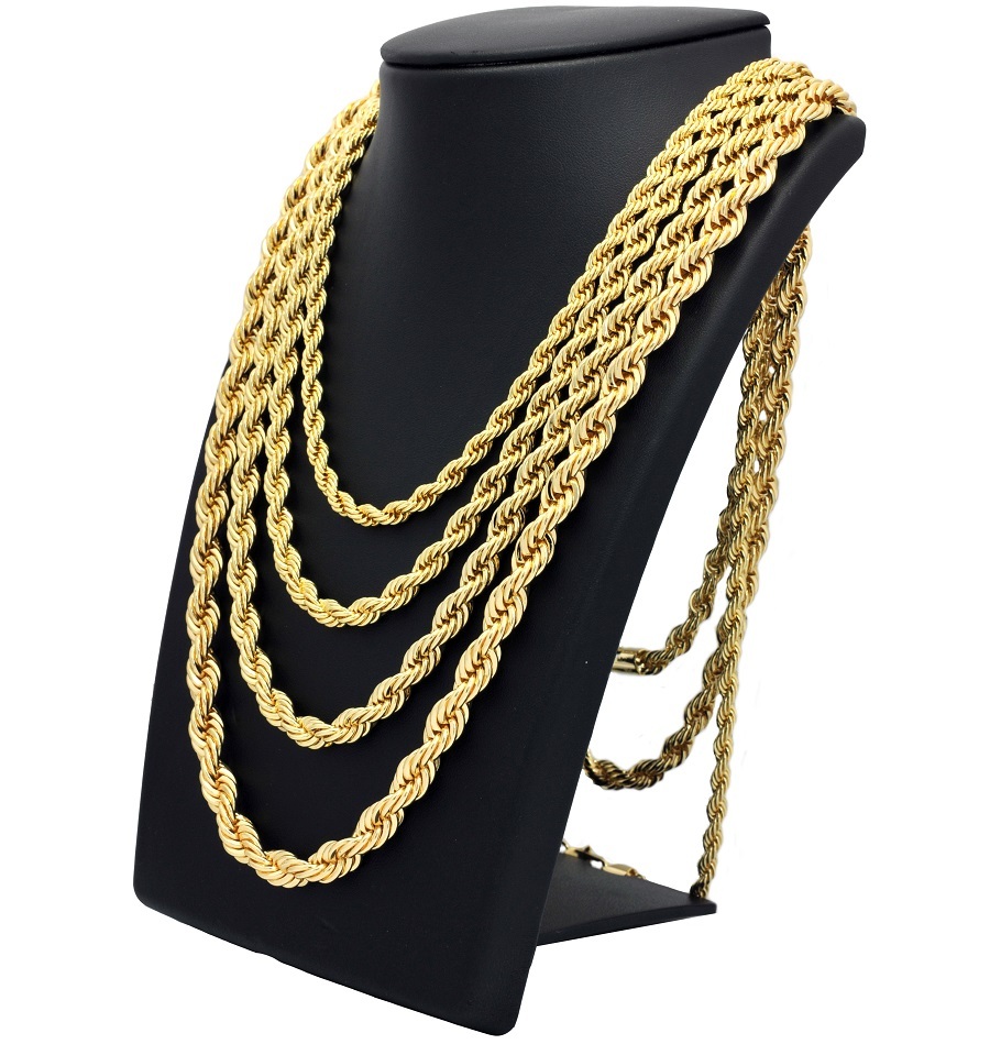 Mens Rope Chain Necklace 14k Gold Plated 7mm to 10mm 20″ 22″ 24″ 26″ 30″