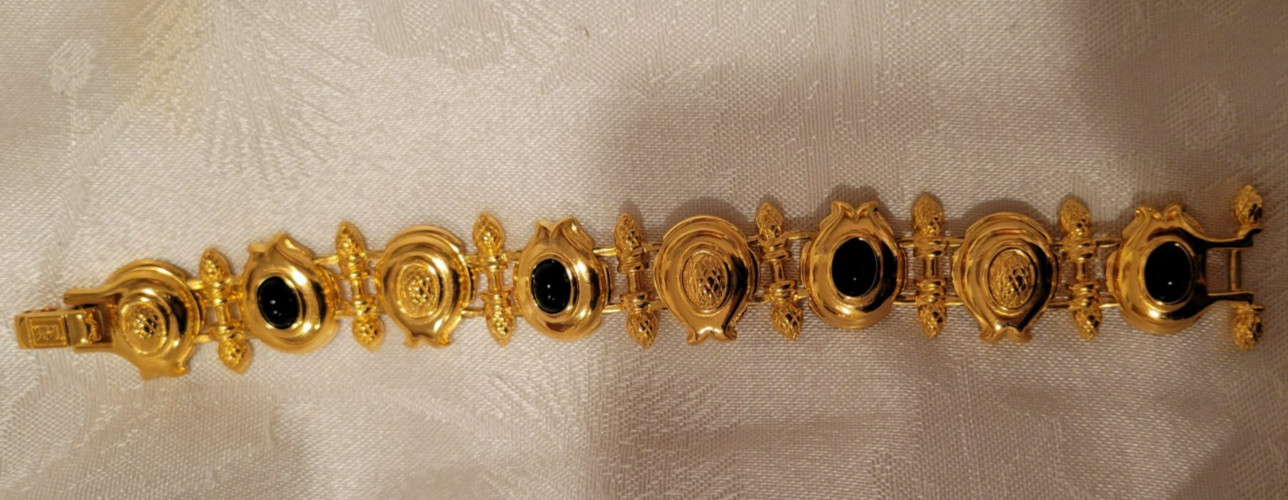 VTG Fendi Gold Link & Blk Cabochon Logo Bracelet 1980’s MINT