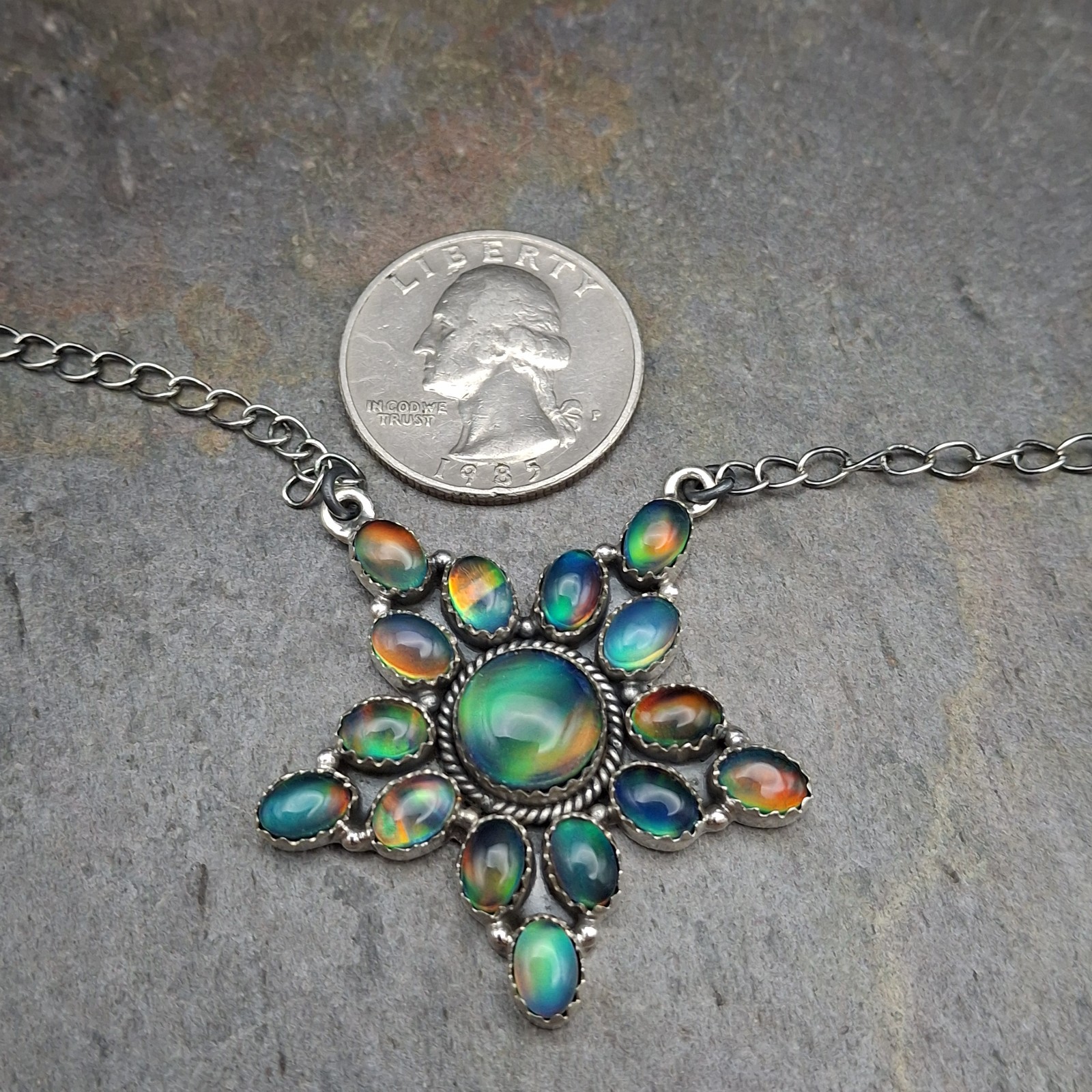 Aurora Opal Starburst Cluster Necklace 18-20″ Sterling Silver Southwestern