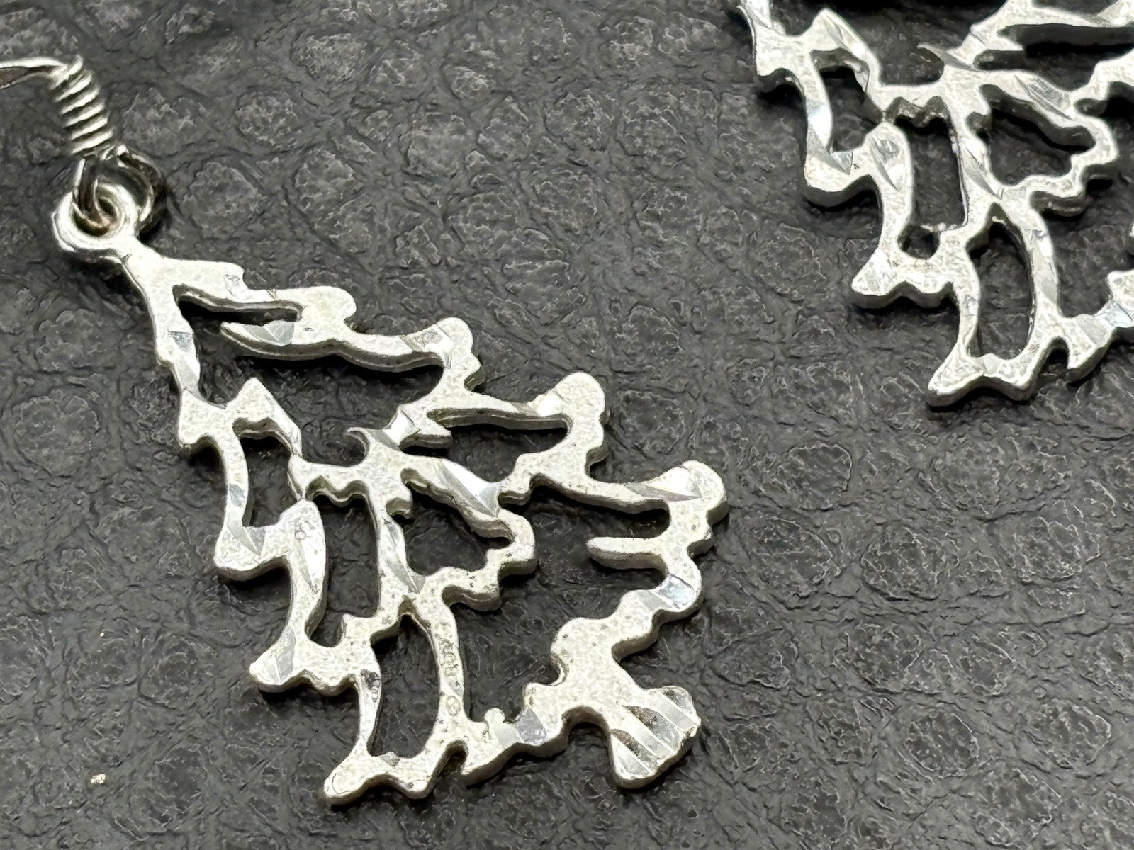 Sterling Silver Christmas Tree Earrings Cut Out Design Holiday Dangle