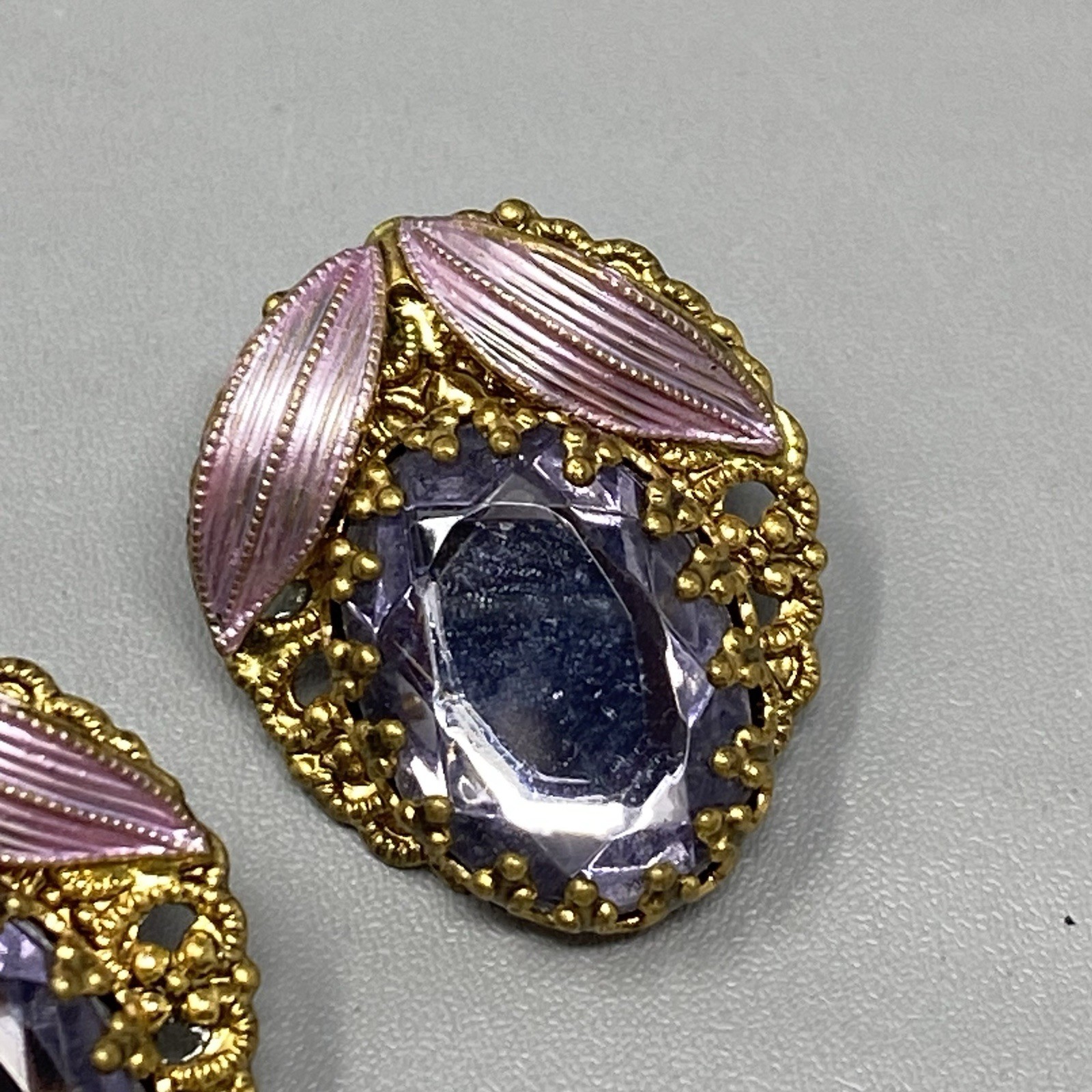 Purple Glass Rhinestone Earrings Pierced Enamel Silk Ribbon W Germany Style 1″