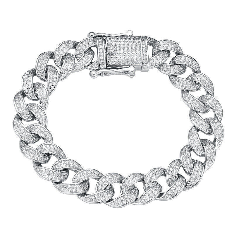 Real Miami Cuban Link Prong Chain Iced Out Hip Hop Men Bracelet 925 Silver 12mm