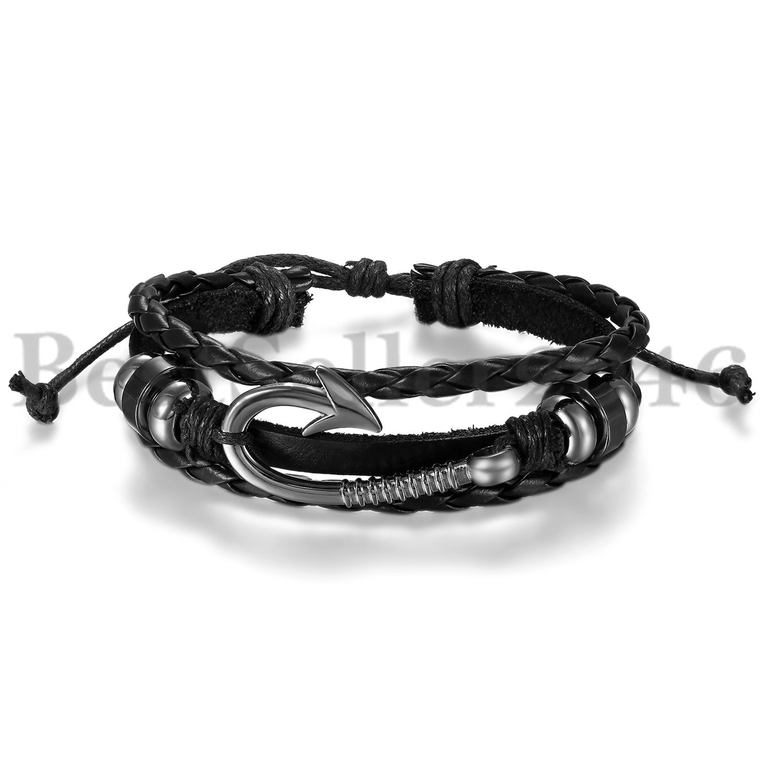 Men Women Metal Fishing Hook Black Brown PU Leather Surfer Wrist Cuff Bracelet
