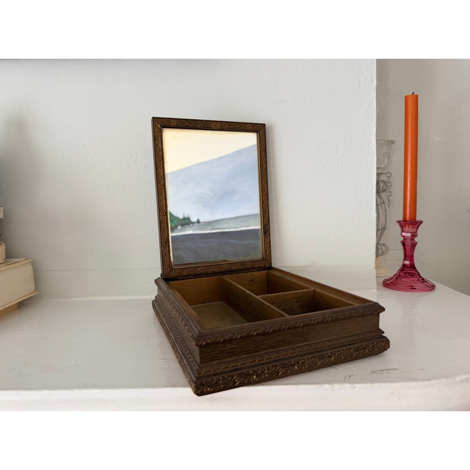 Antique Wood Jewelry Box French Salon Engraving Lid Mirror Compartments 1920s