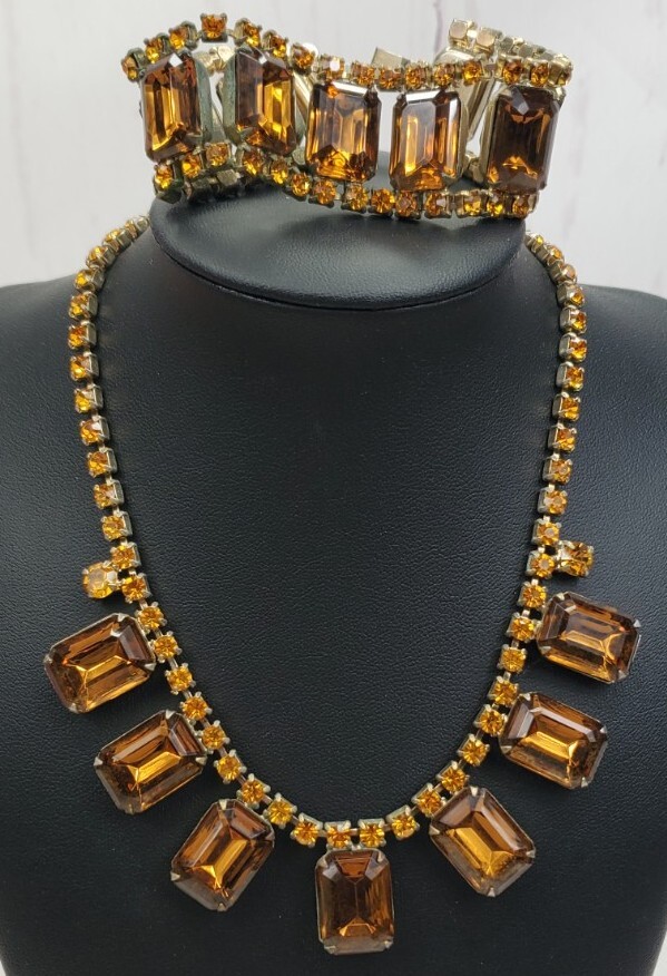 Vintage Champagne Faux Citrine Bling Necklace and Bracelet Gold Tone